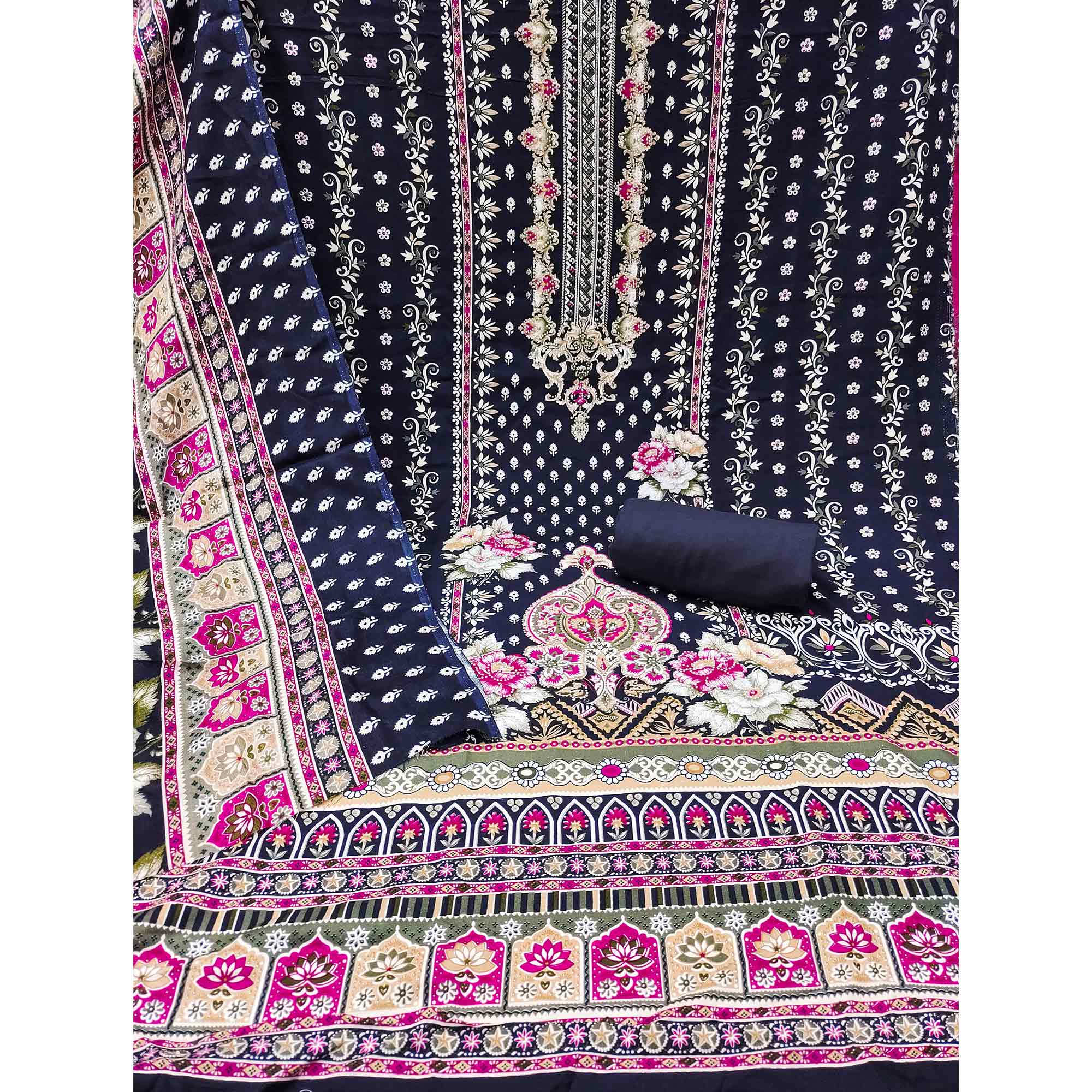 Navy Blue Floral Printed Rayon Dress Material Enhanced With Sparkling Swarovski Work - Image 3