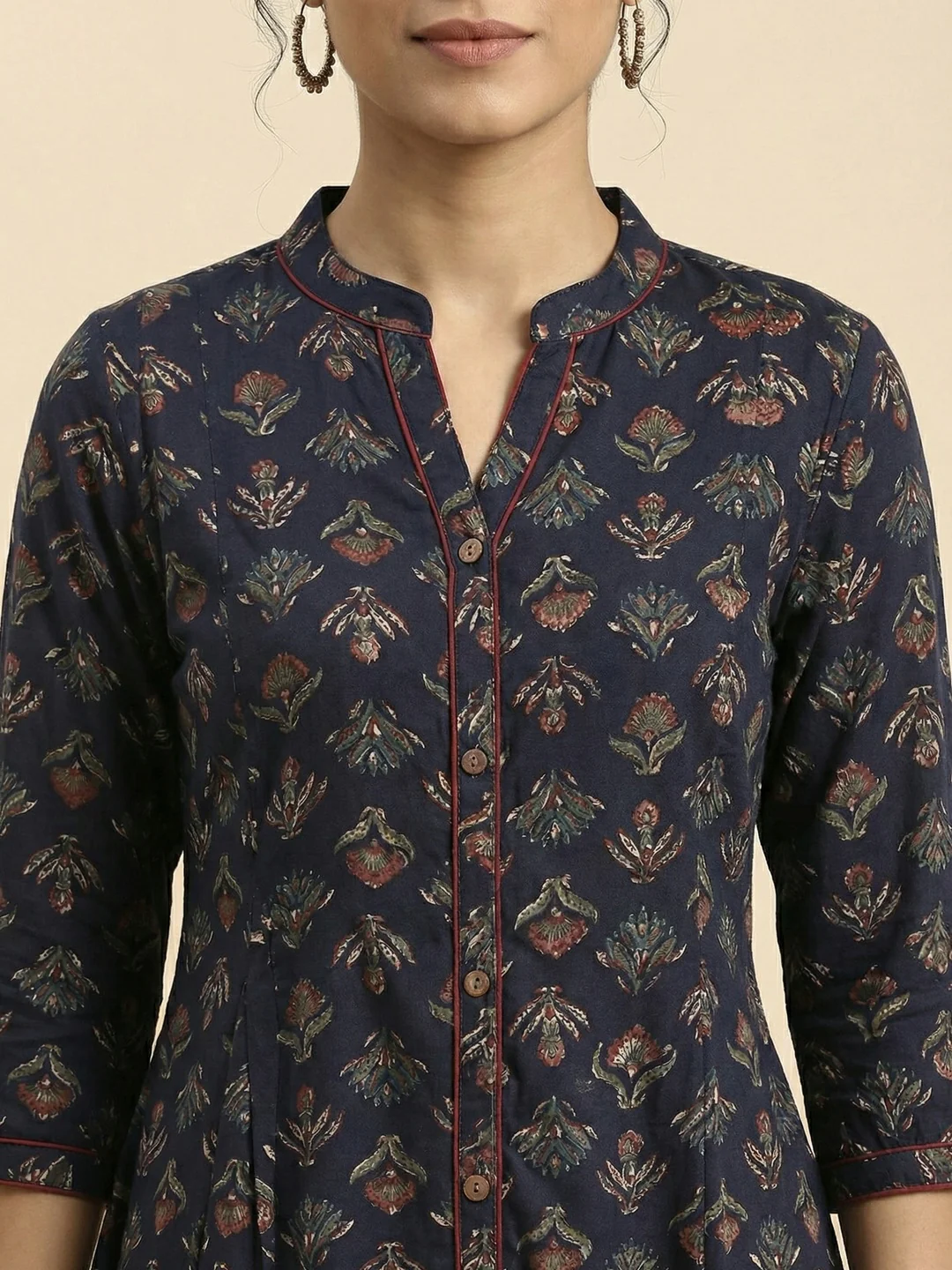 Navy Blue Floral Printed Rayon Straight Fit Top for Modern Casual Look - Image 2