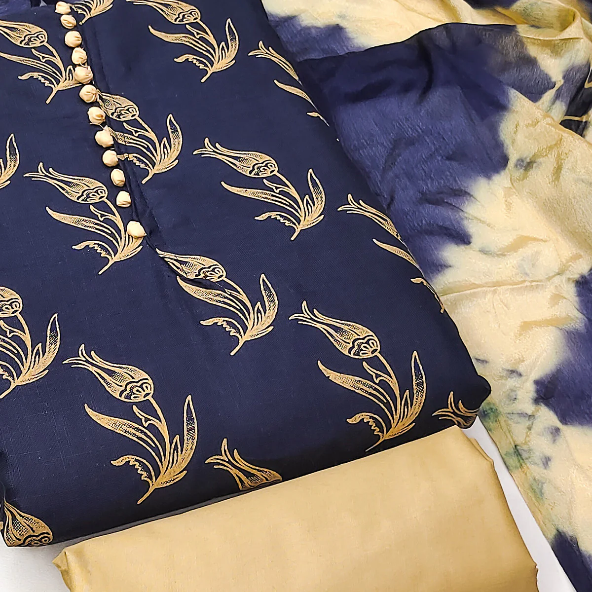 Navy Blue Floral Printed Slub Cotton Dress Material - Image 2