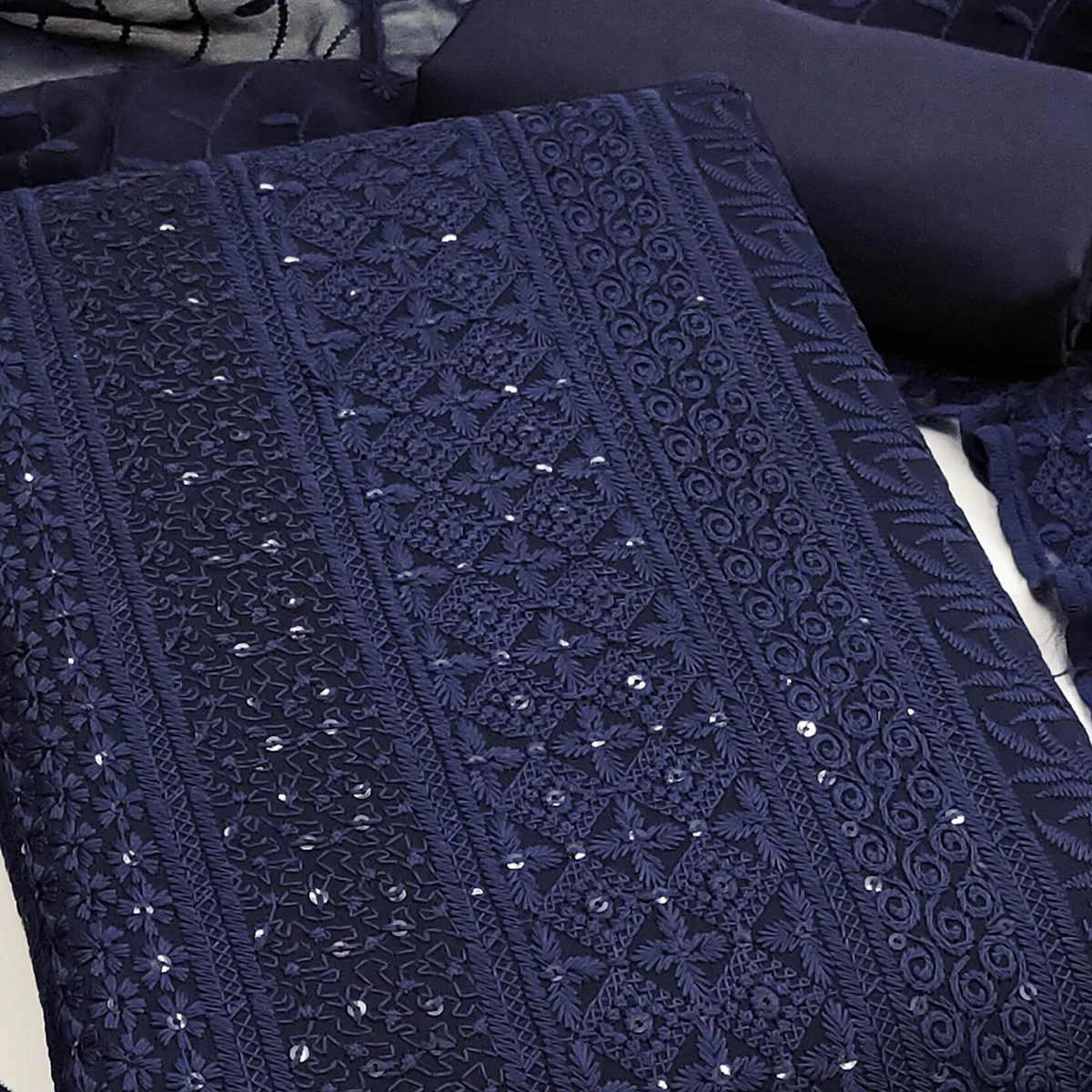 Navy Blue Floral Thread Embroidery With Sequins Highlighted Georgette Dress Material - Image 2
