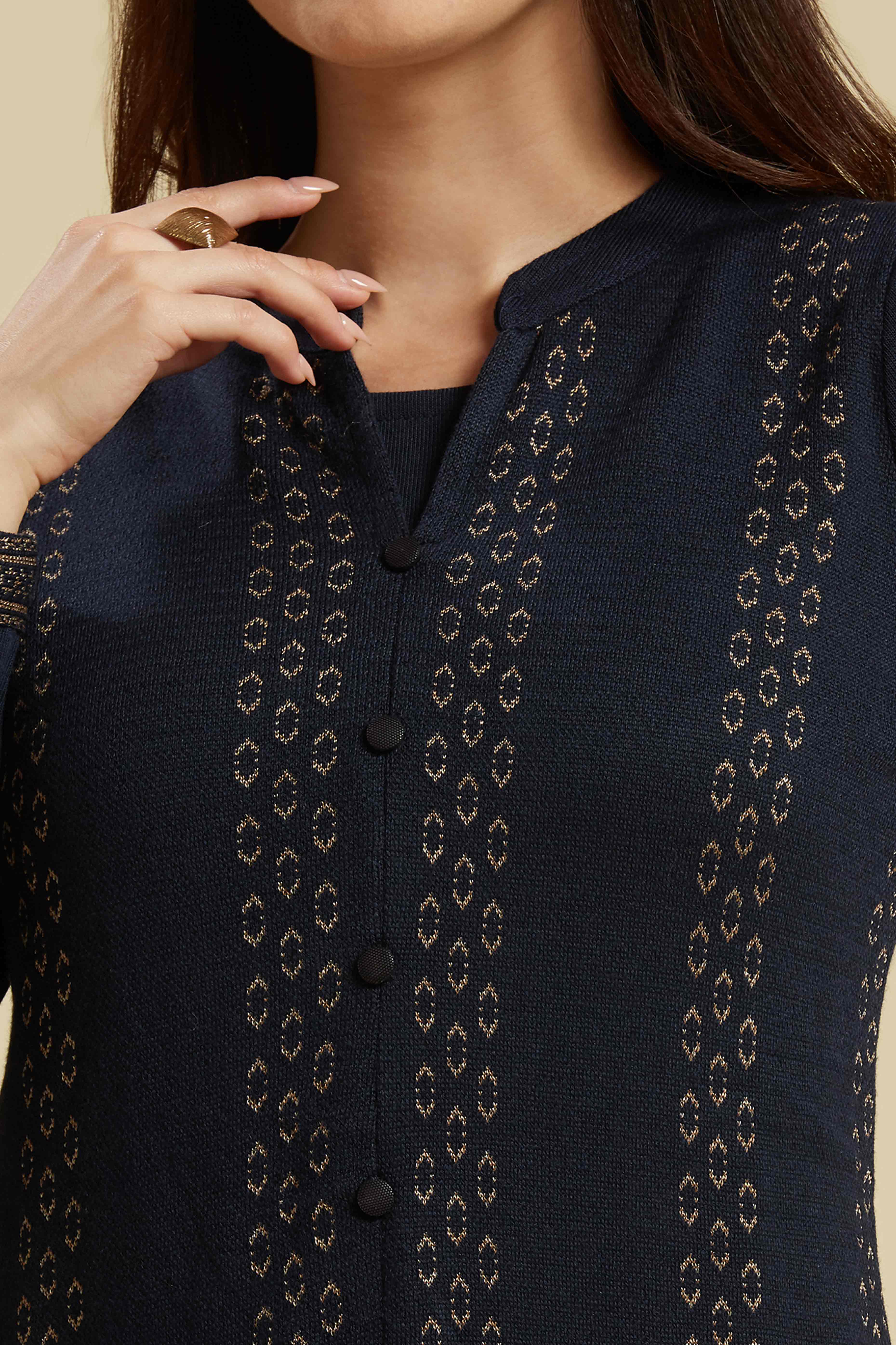 Navy Blue Floral Woolen Top Bottom Set - Image 2