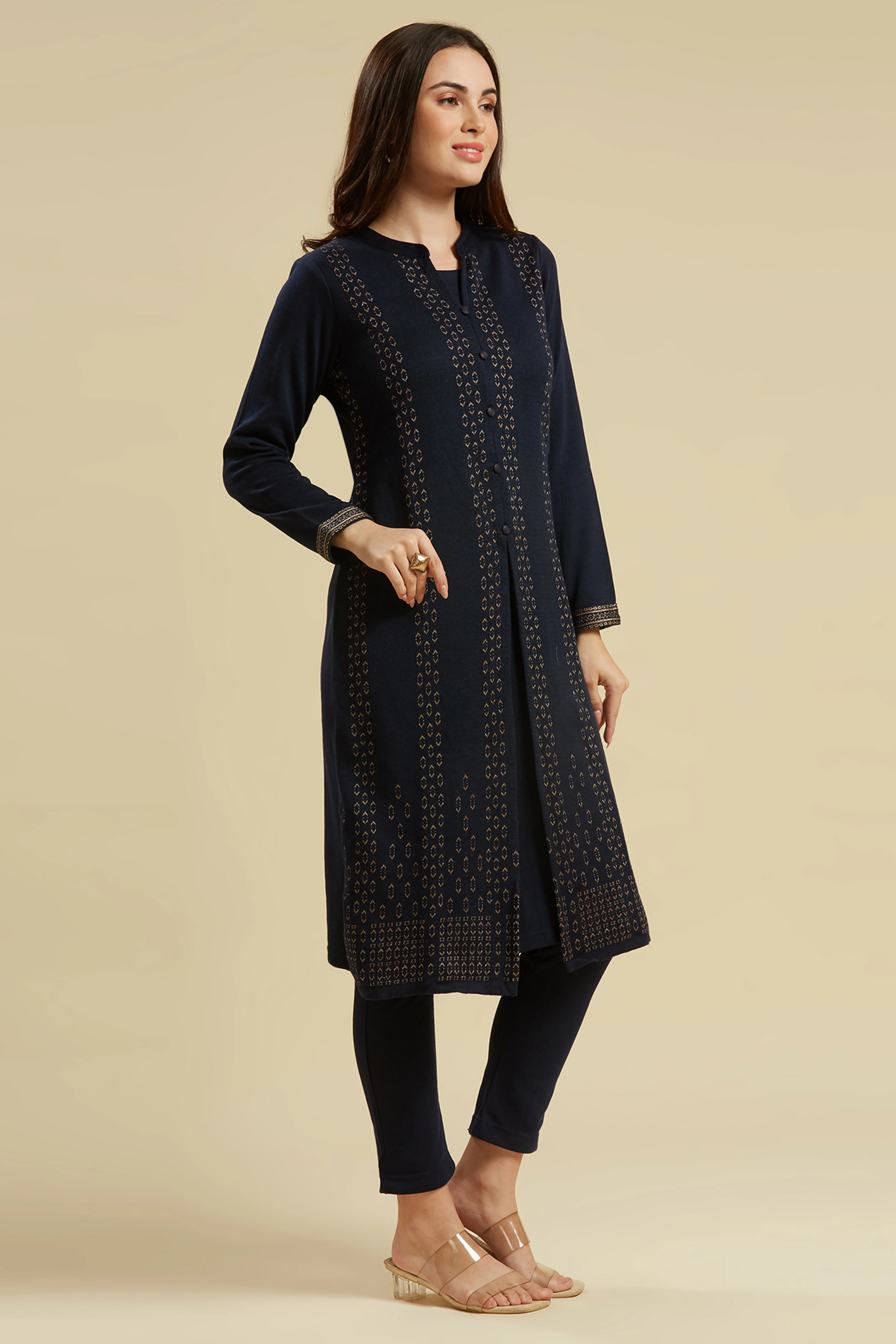 Navy Blue Floral Woolen Top Bottom Set - Image 5