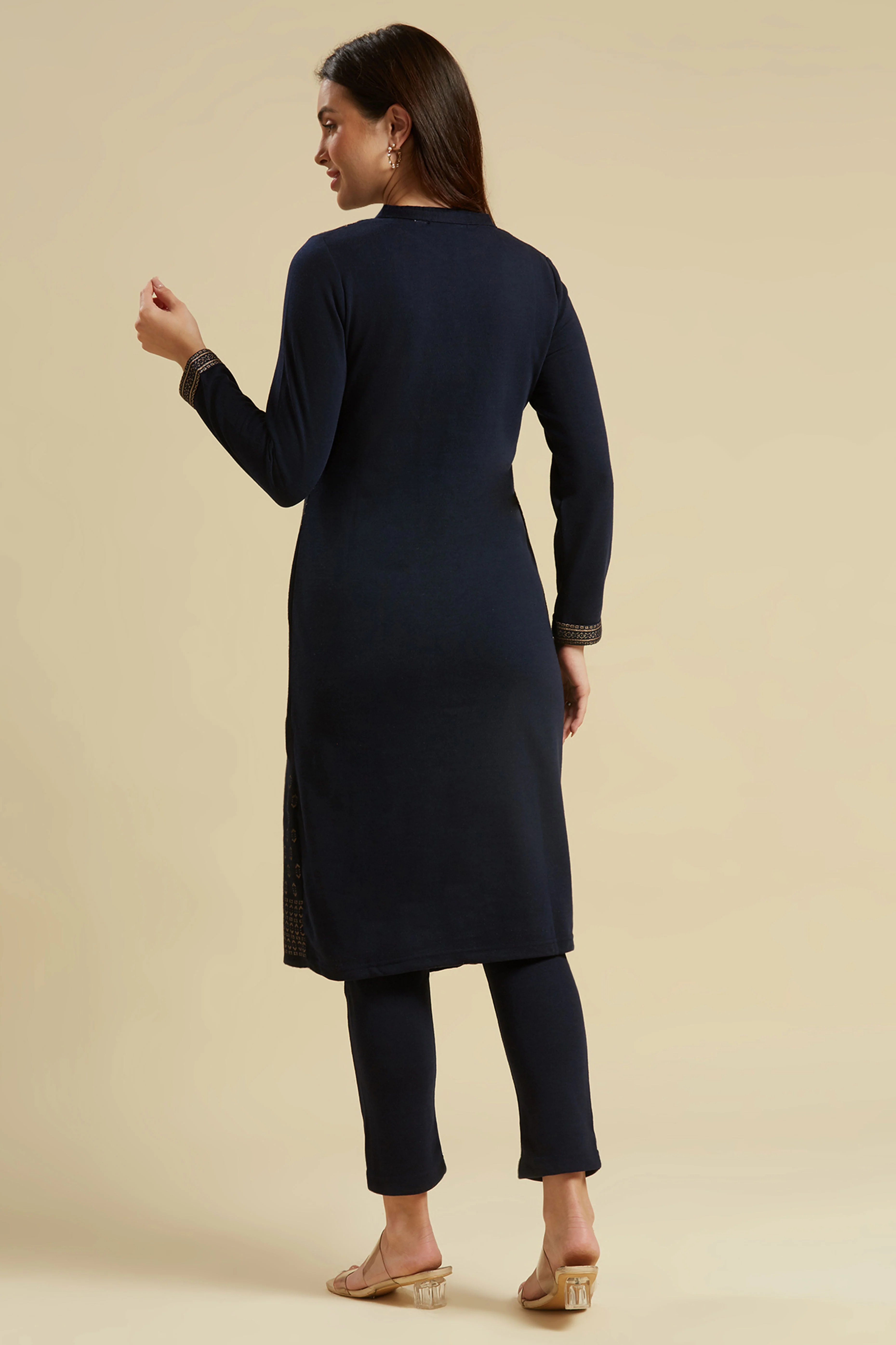 Navy Blue Floral Woolen Top Bottom Set - Image 6