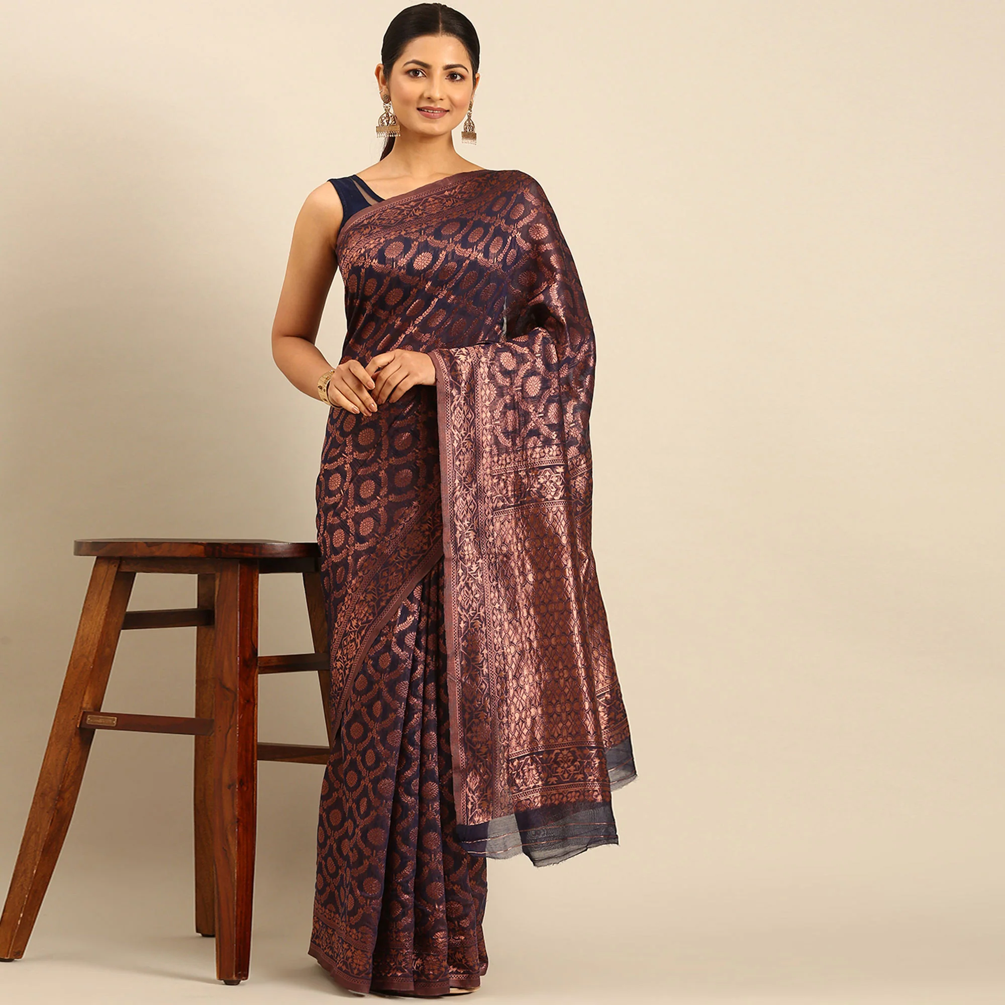 Navy Blue Floral Woven Cotton Silk Saree - Image 2