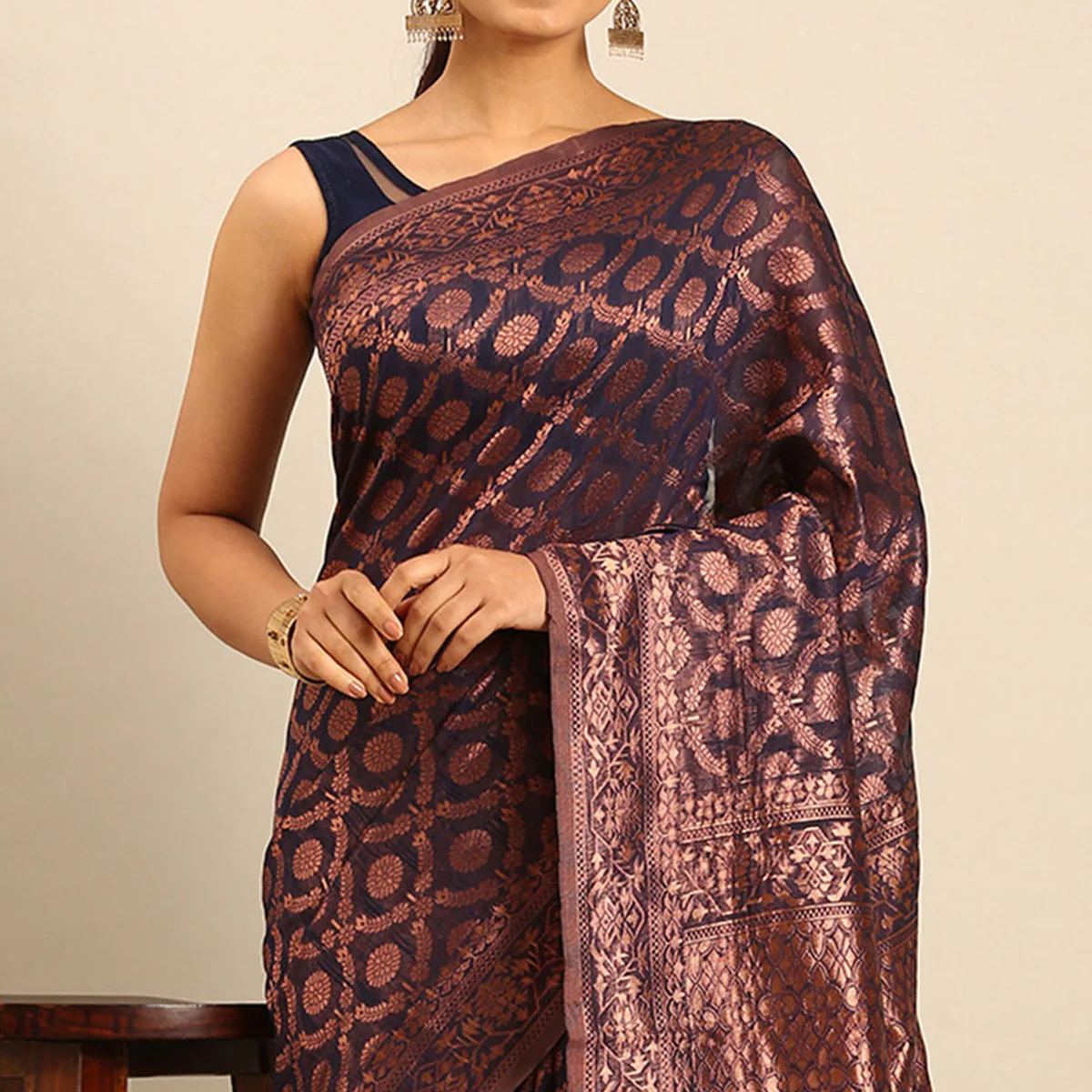 Navy Blue Floral Woven Cotton Silk Saree - Image 3