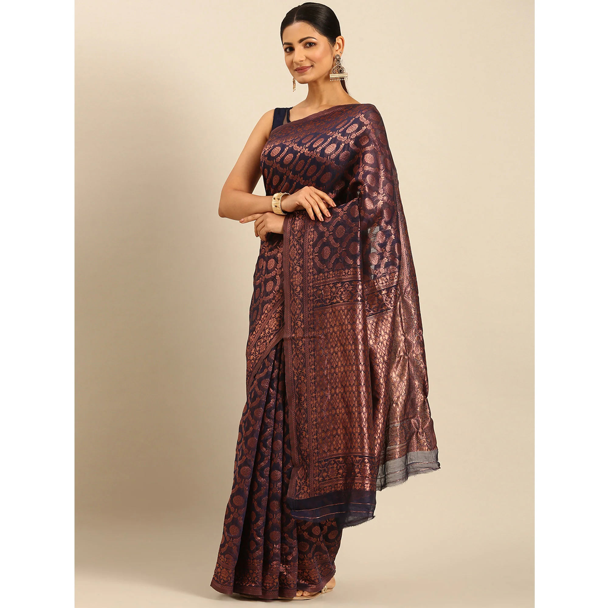 Navy Blue Floral Woven Cotton Silk Saree - Image 4