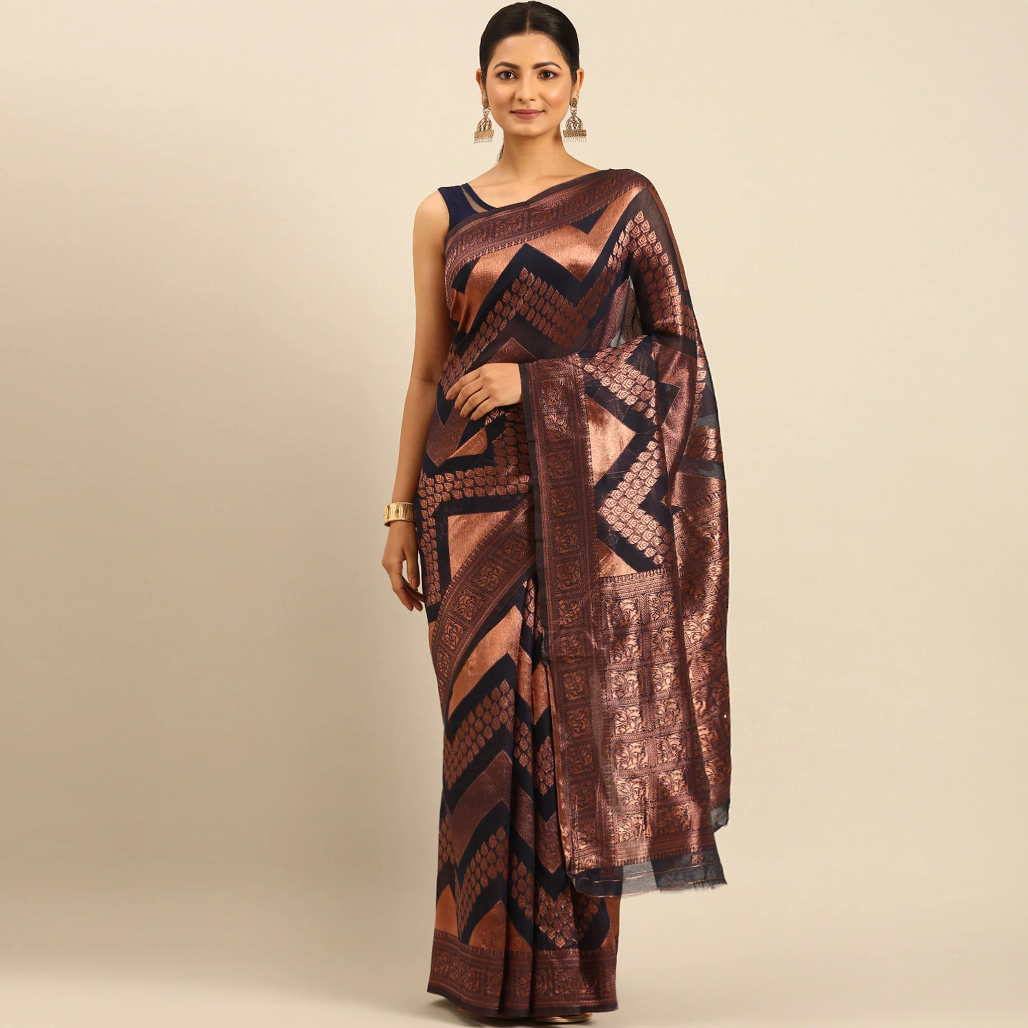Navy Blue Floral Woven Cotton Silk Saree - Image 2