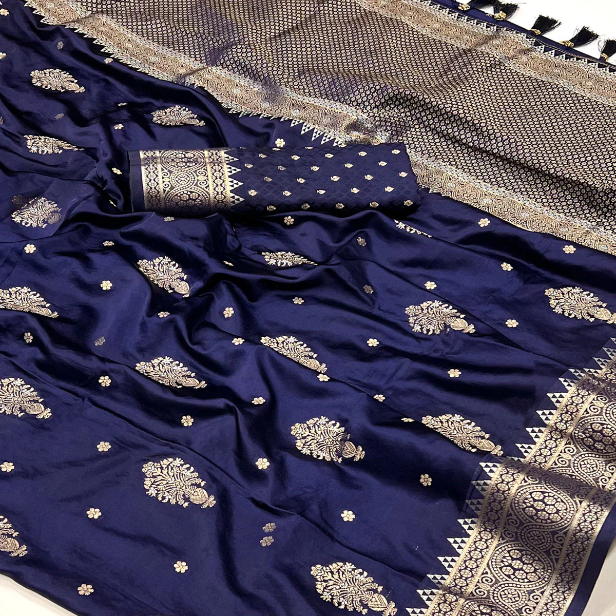 Navy Blue Floral Woven Satin Silk Saree With Tassels - Image 2
