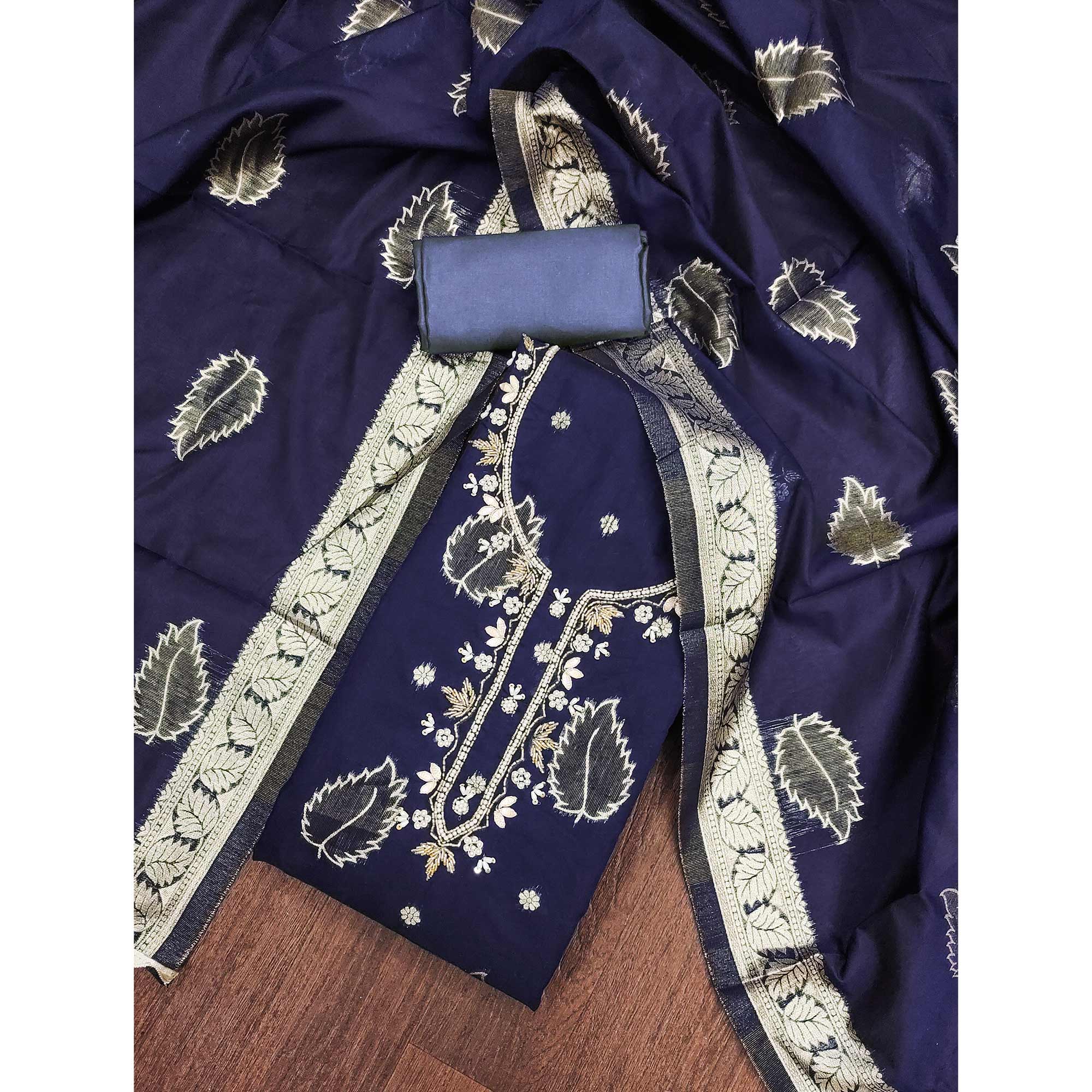 Navy Blue Floral Woven With Handwork Chanderi Banarasi Dress Material - Image 3