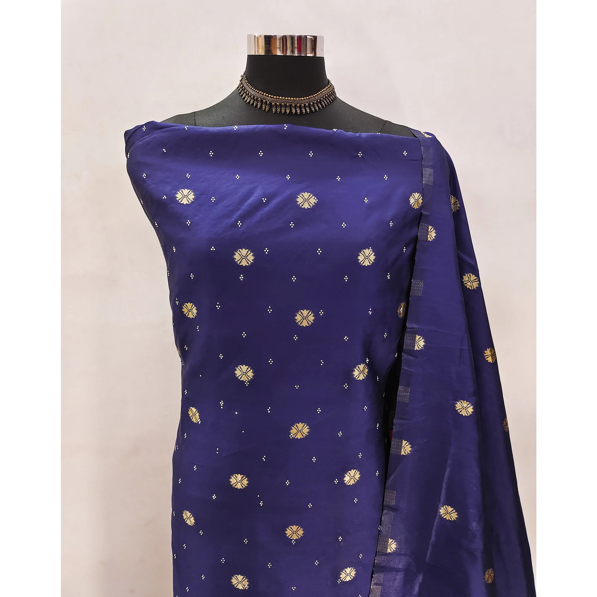 Navy Blue Floral Woven With Swarovski Work Banarasi Silk Dress Material - Image 4