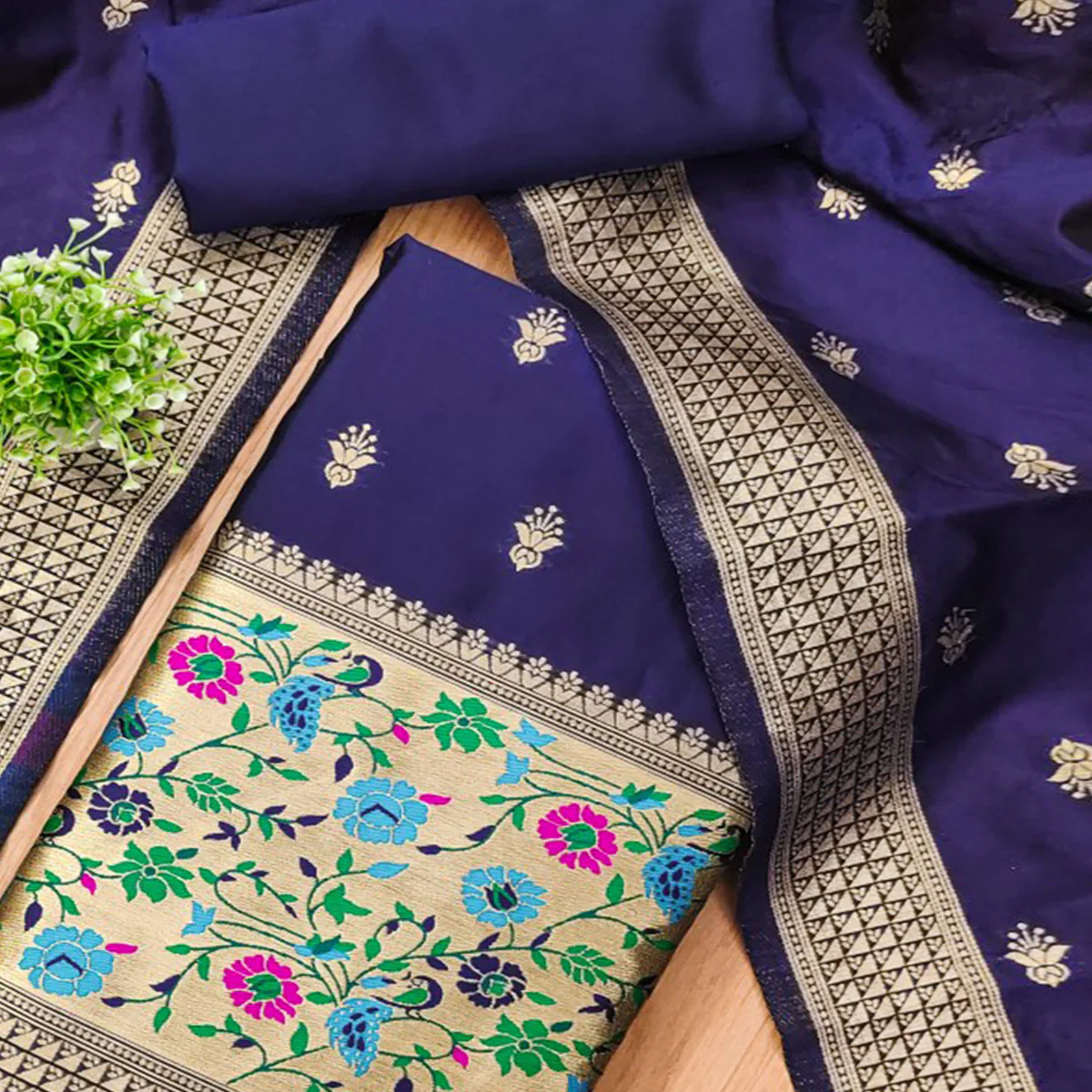 Navy Blue Floral Zari Woven Banarasi Silk Dress Material - Image 2
