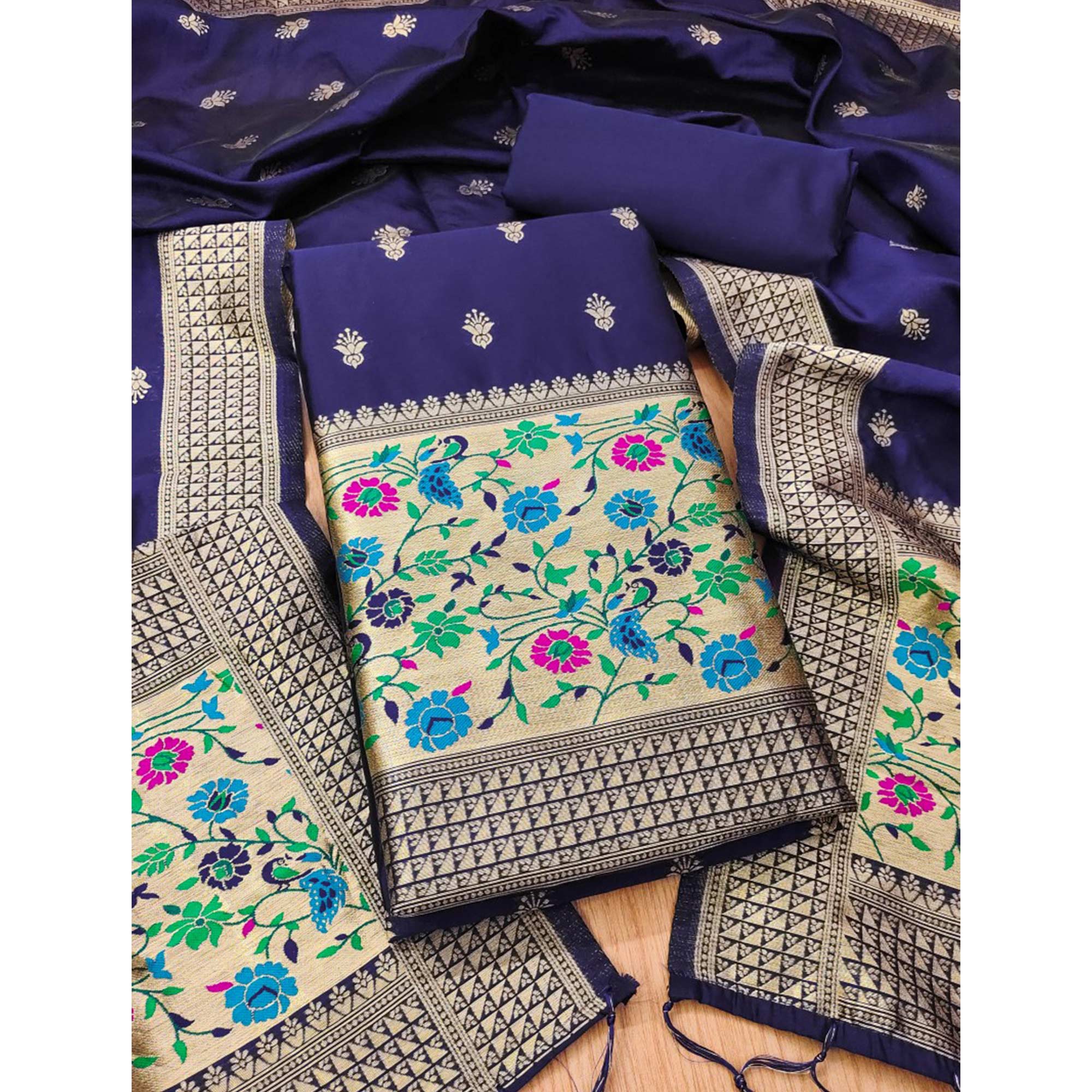 Navy Blue Floral Zari Woven Banarasi Silk Dress Material - Image 3
