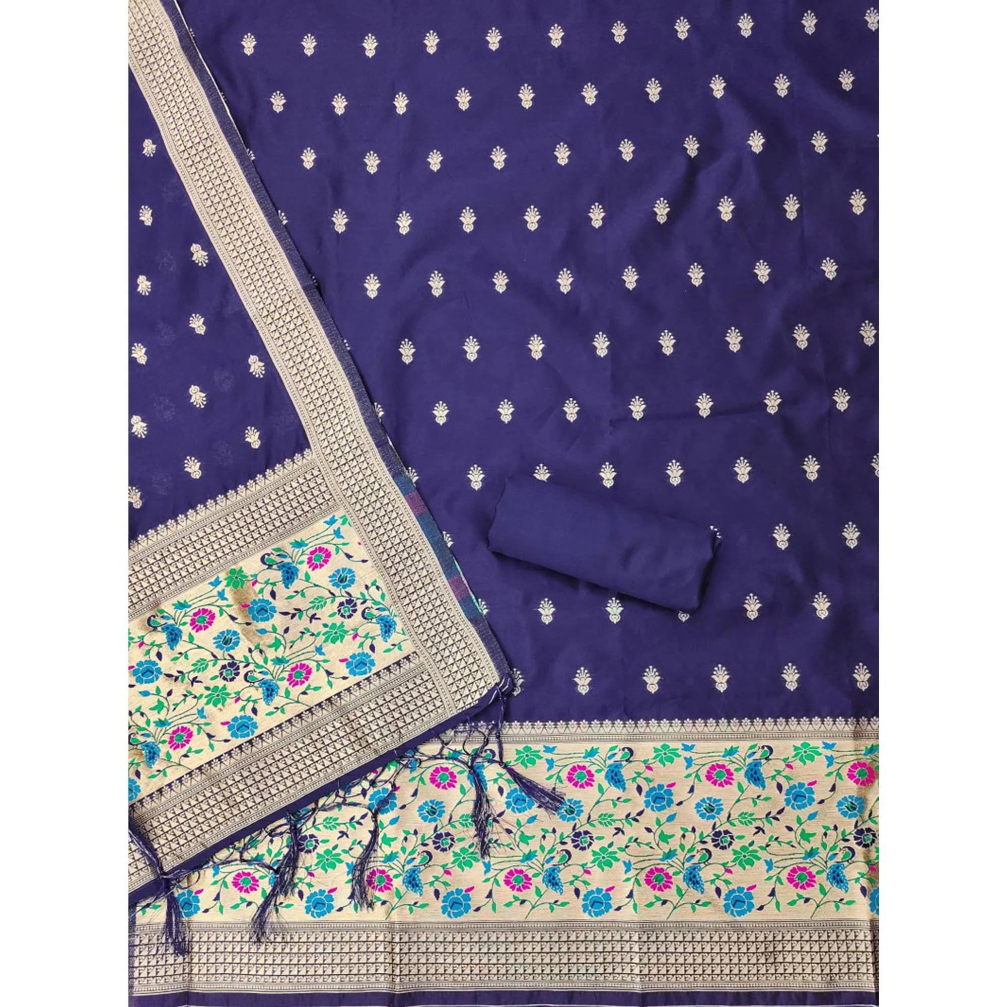 Navy Blue Floral Zari Woven Banarasi Silk Dress Material - Image 4
