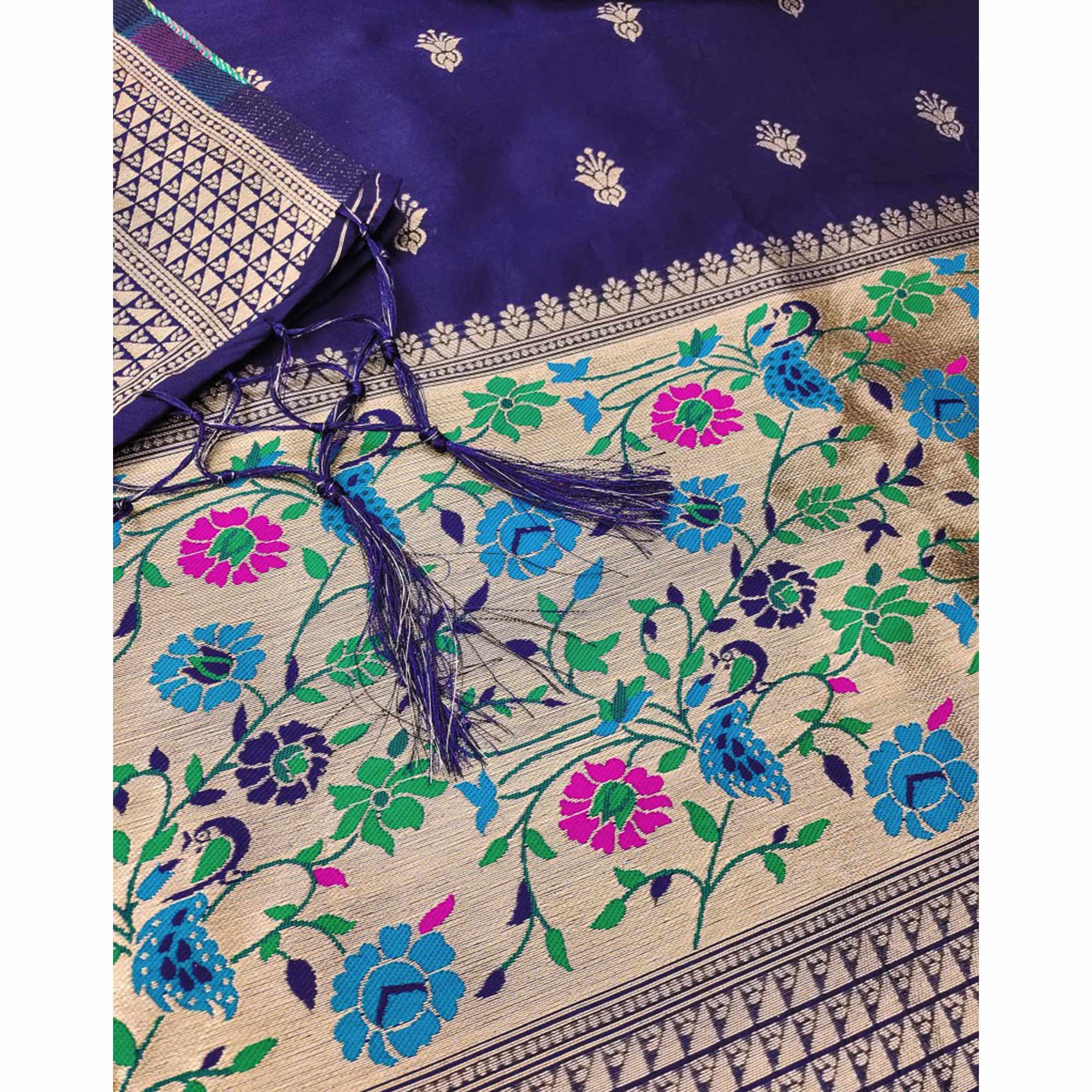 Navy Blue Floral Zari Woven Banarasi Silk Dress Material - Image 5