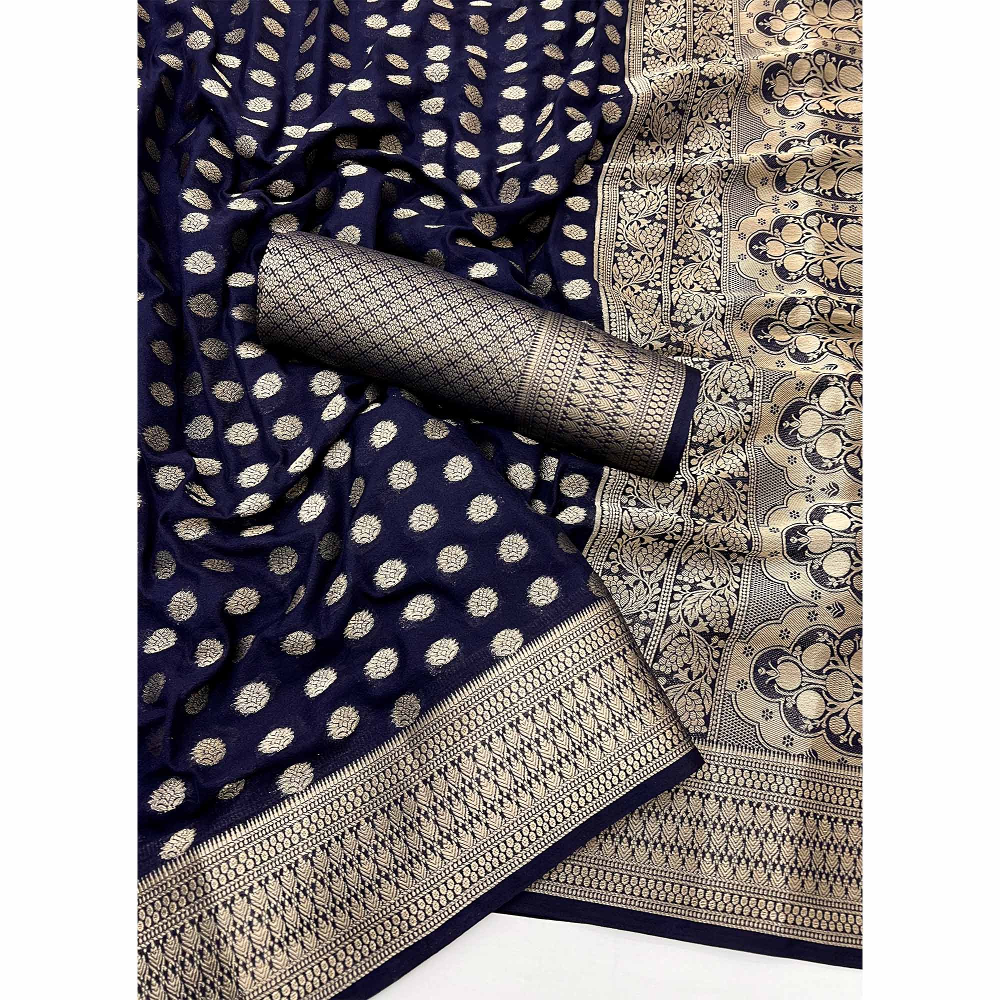 Navy Blue Floral Zari Woven Crepe Silk Saree Accented With Tassel Pallu - Image 3