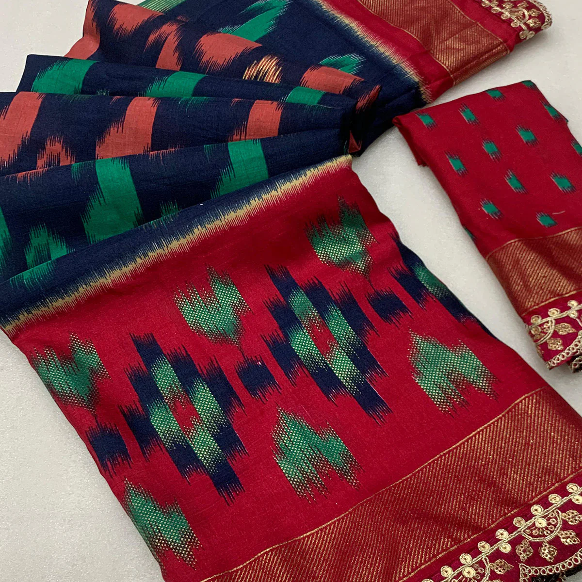 Navy Blue Ikkat Foil Printed Silk Saree With Sequins Embroidery Border - Image 2