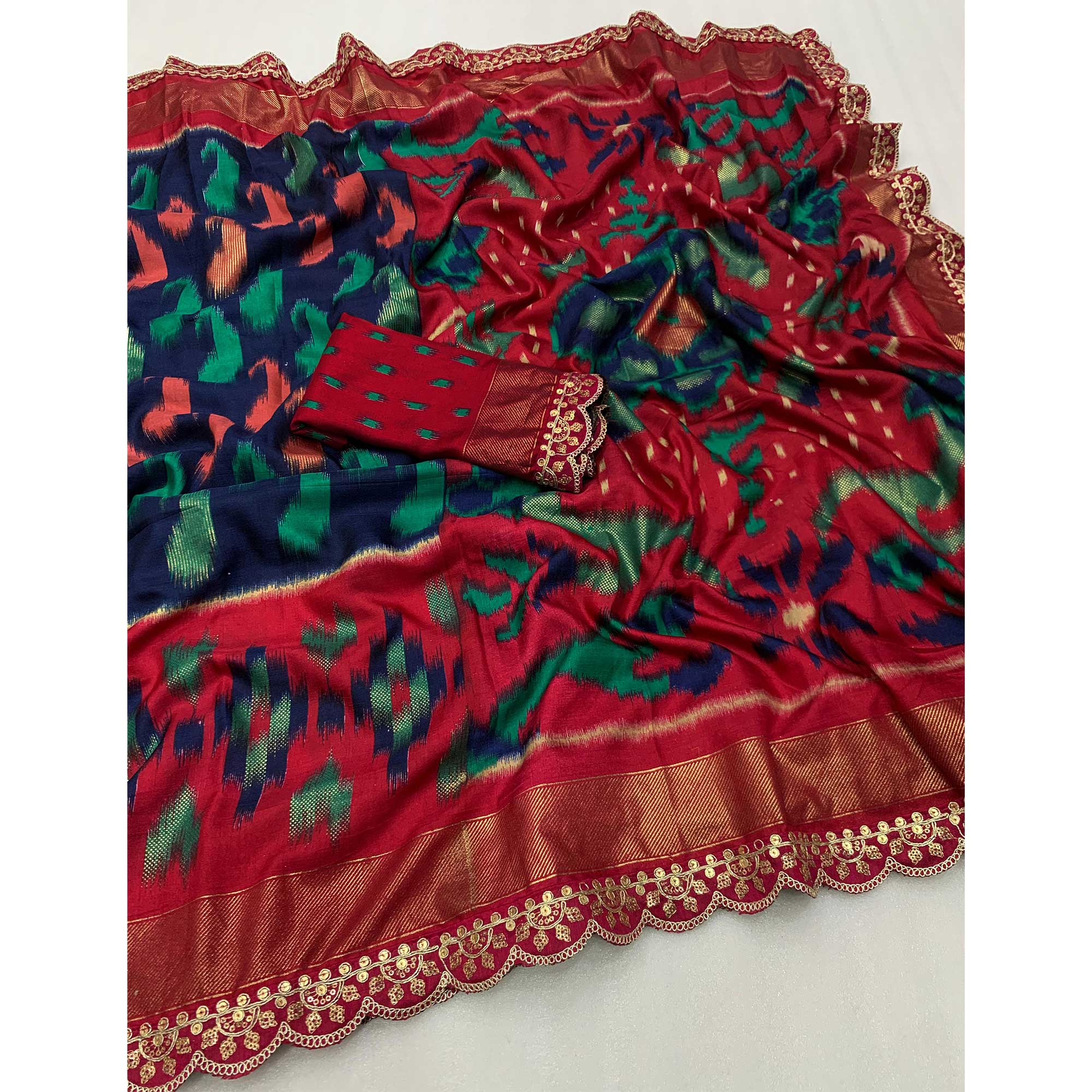 Navy Blue Ikkat Foil Printed Silk Saree With Sequins Embroidery Border - Image 3