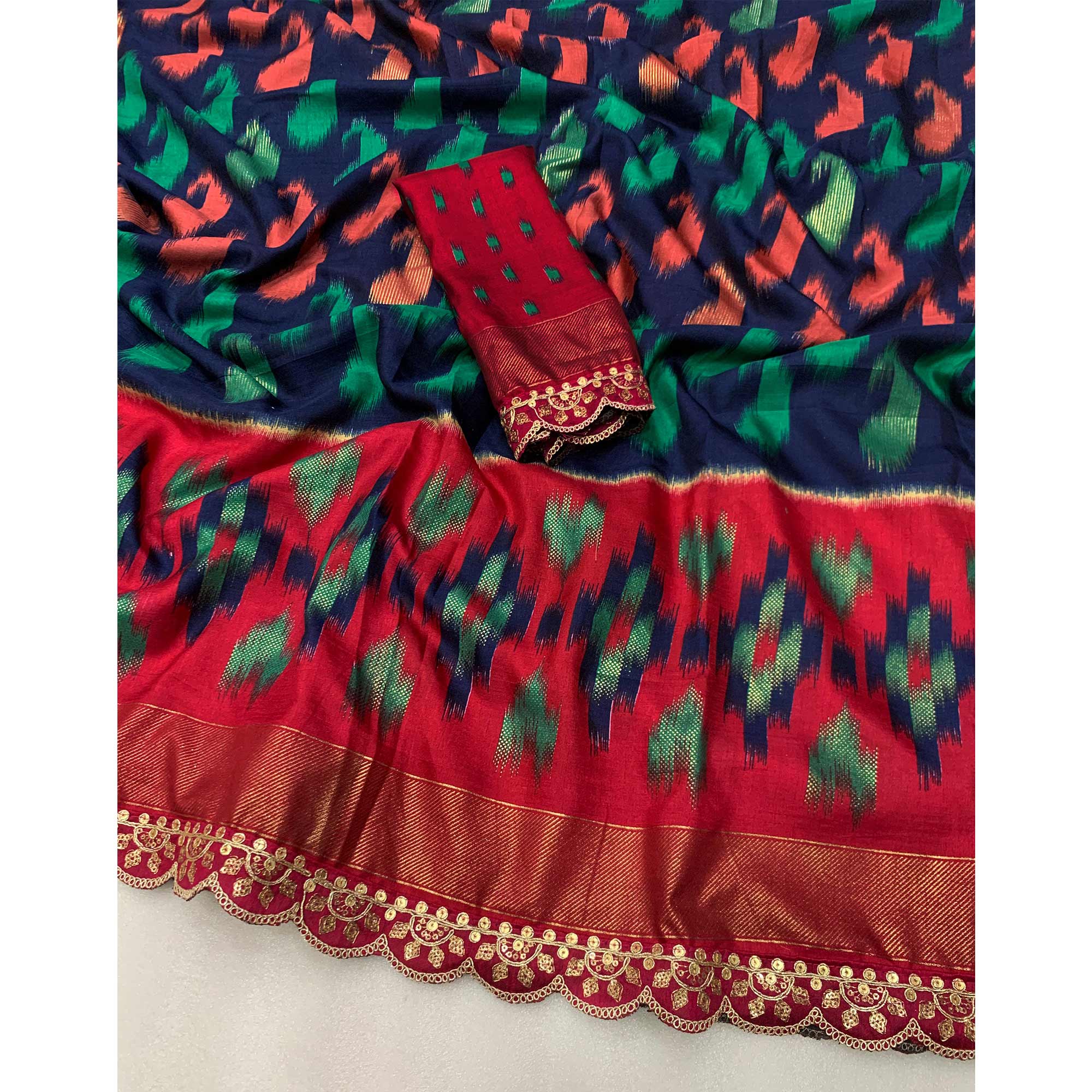 Navy Blue Ikkat Foil Printed Silk Saree With Sequins Embroidery Border - Image 4