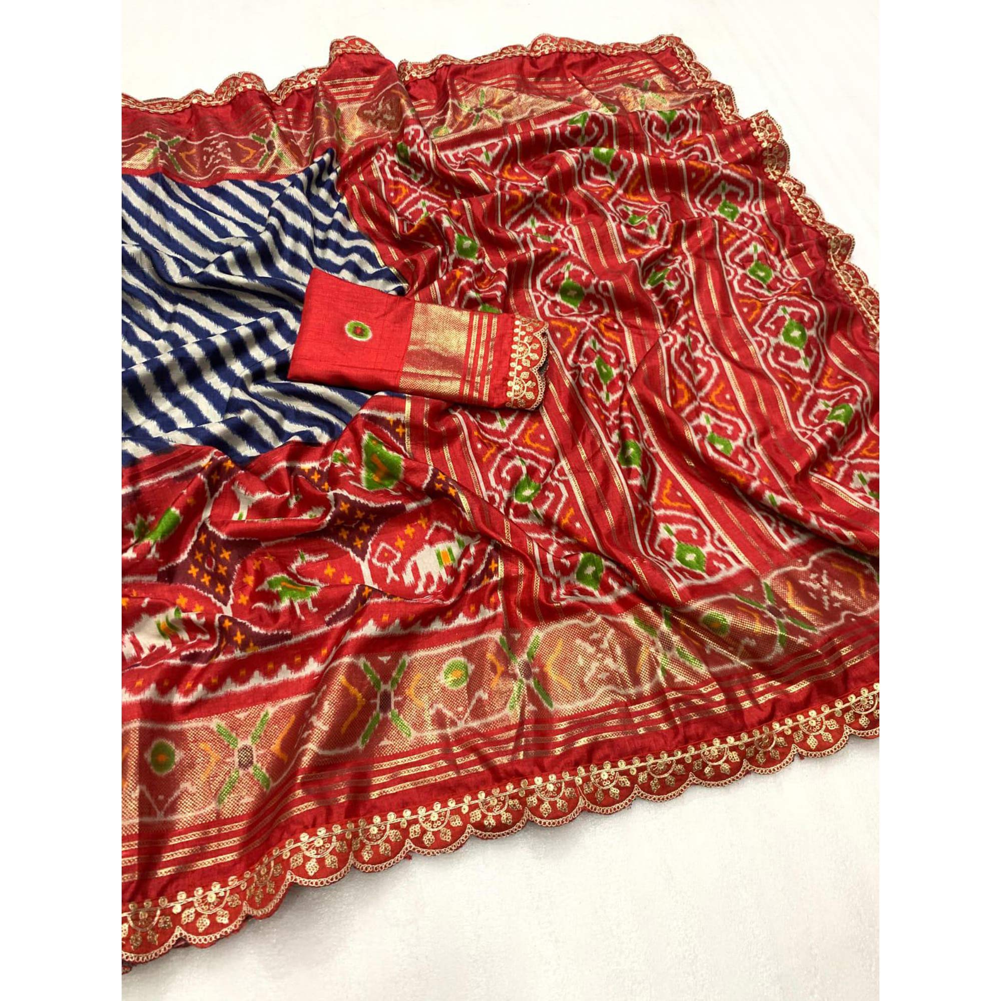 Navy Blue Ikkat Printed Dola Silk Saree With Sequins Embroidered Border - Image 3