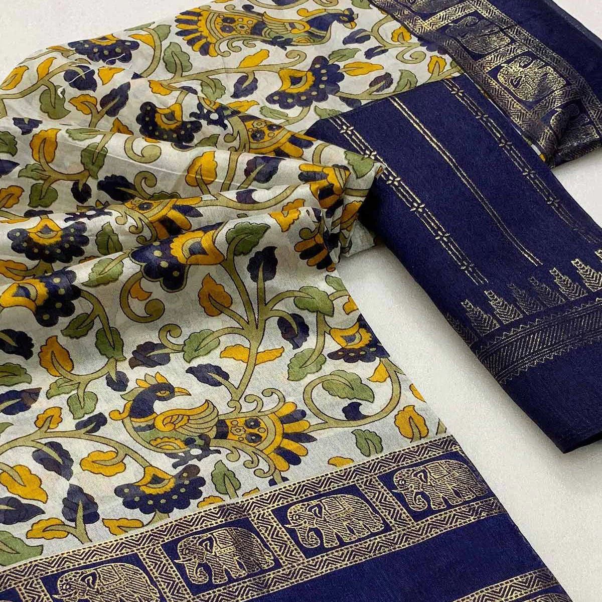 Navy Blue Kalamkari Printed Dola Silk Saree - Image 2