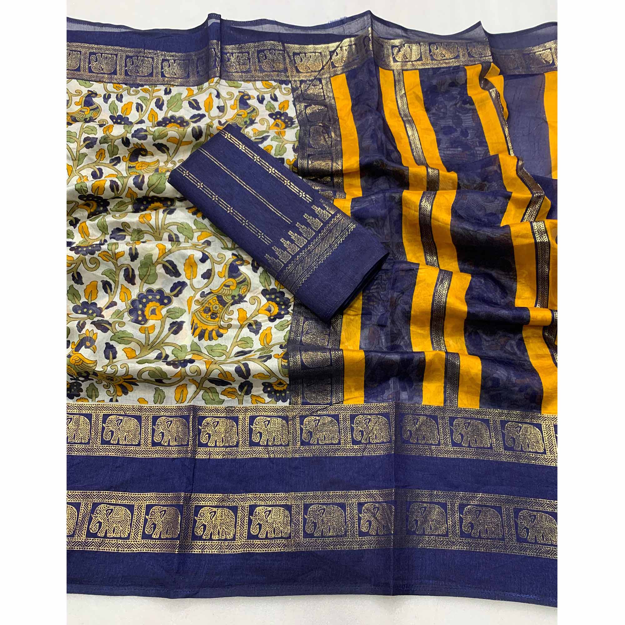 Navy Blue Kalamkari Printed Dola Silk Saree - Image 3