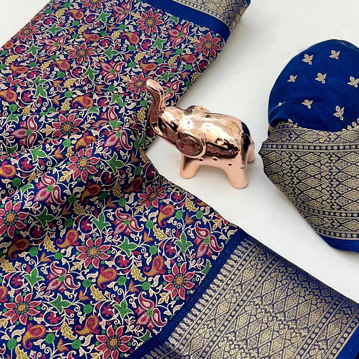 Navy Blue Kashmiri Floral Printed Dola Silk Saree With Kalamkari Pallu & Rich Zari Weaving Border - Image 2