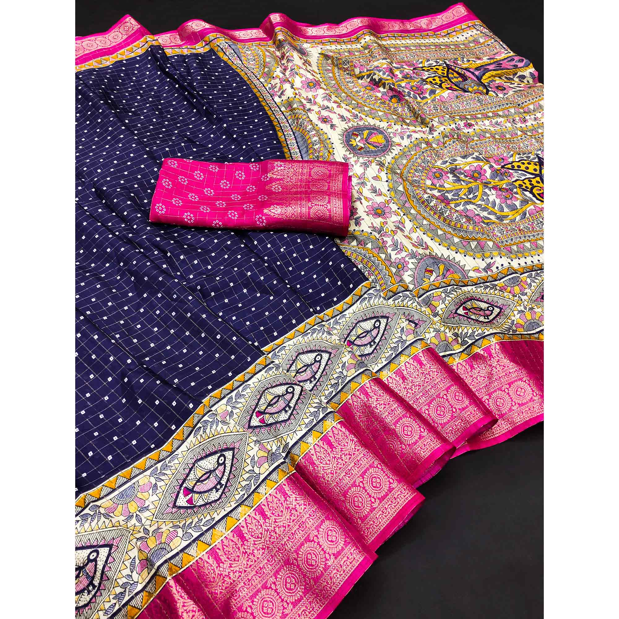 Navy Blue Madhubani Work Woven Dola Silk Saree - Image 3