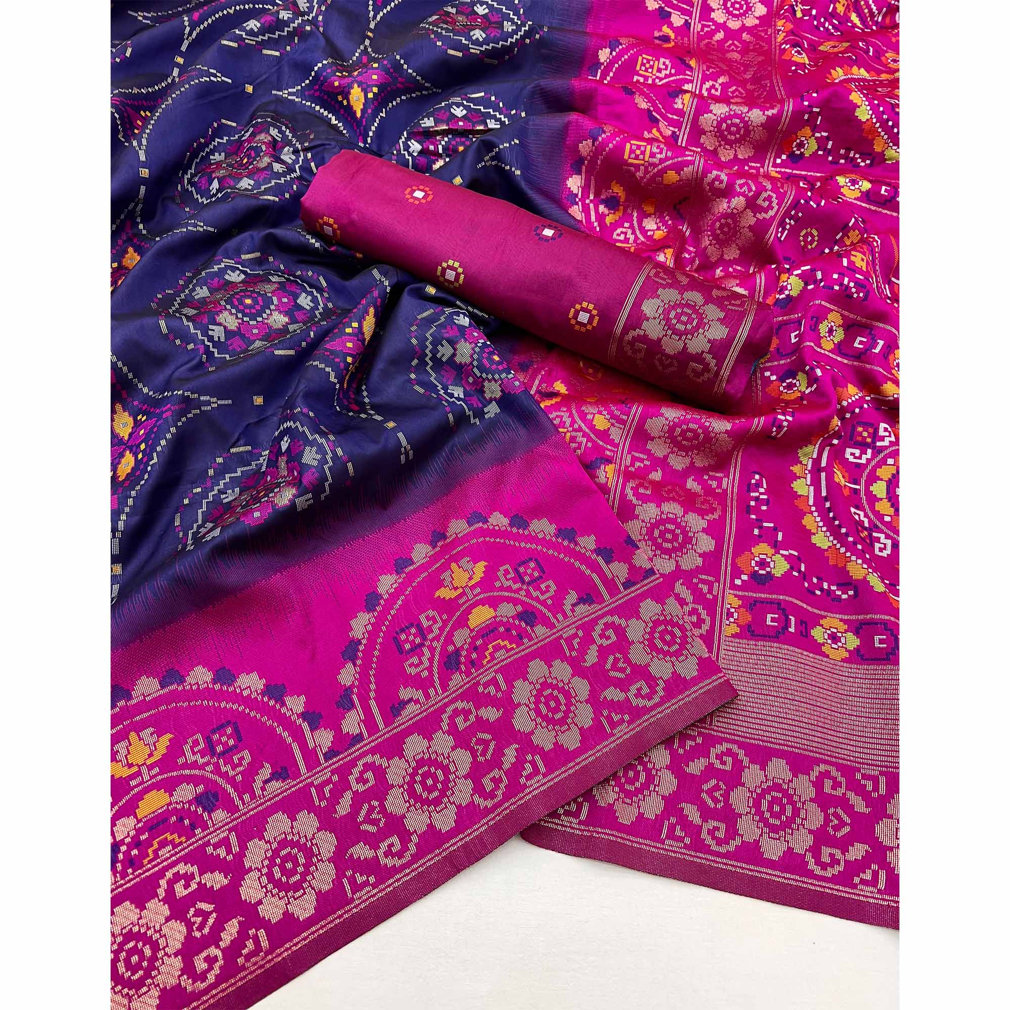 Navy Blue & Pink Floral Woven Pure Silk Saree - Image 3