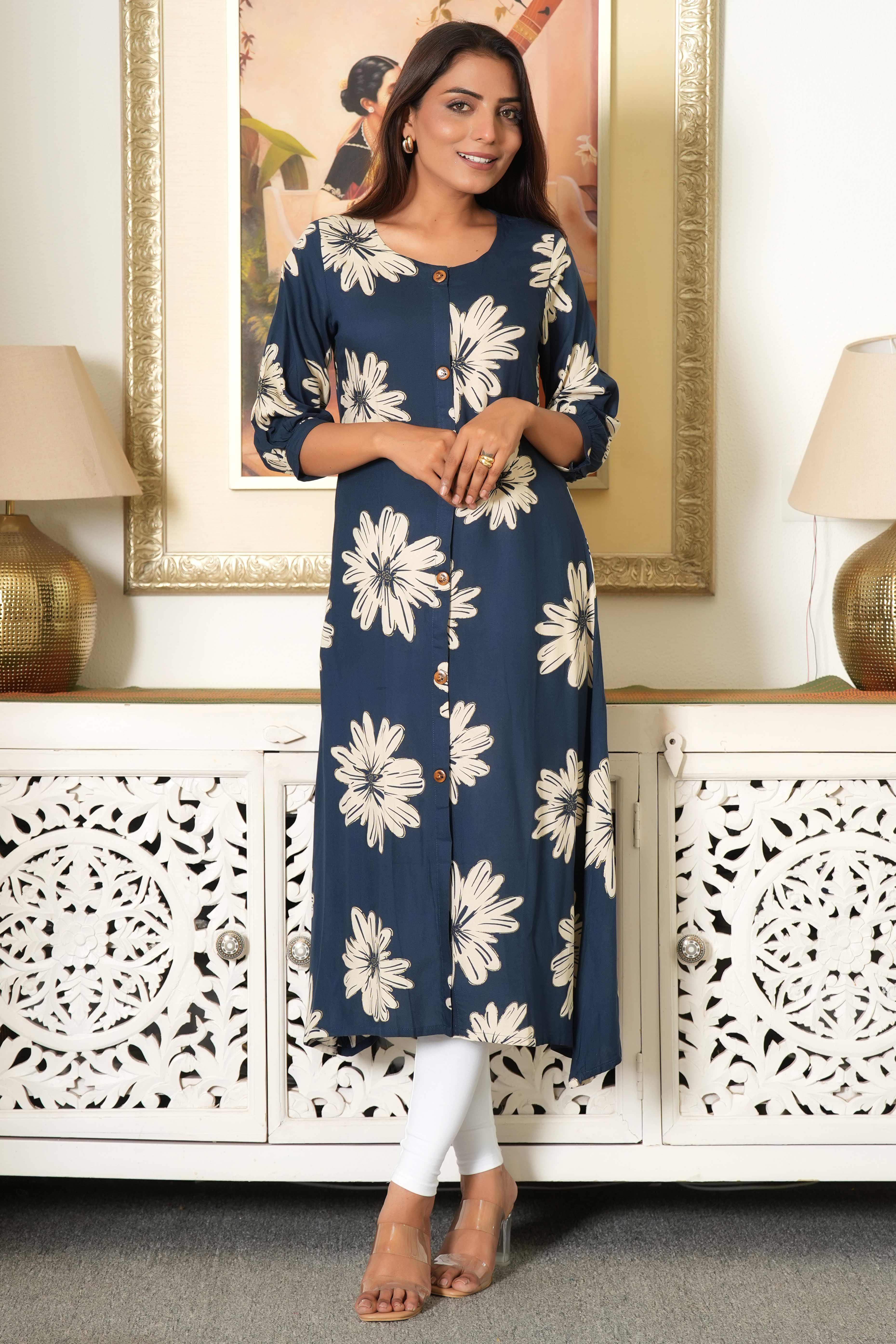 Navy Blue Printed Rayon Kurti in Flattering A-Line Fit - Image 5