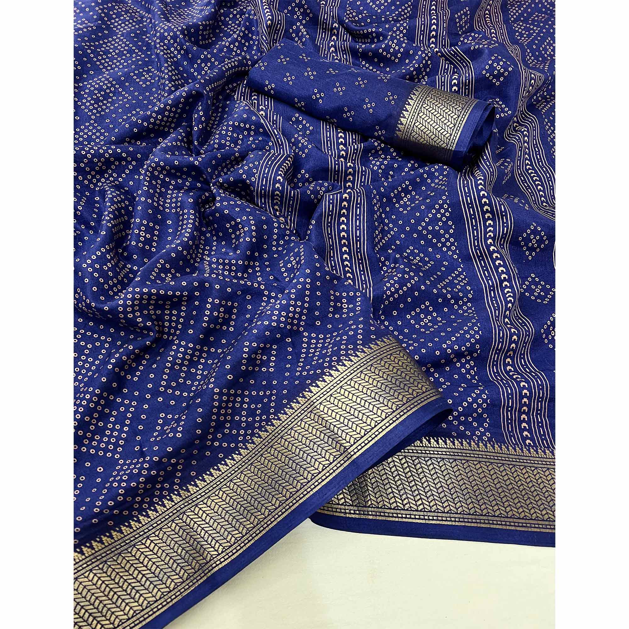 Navy Blue Printed Dola Silk Saree With Jacquard Border - Image 3