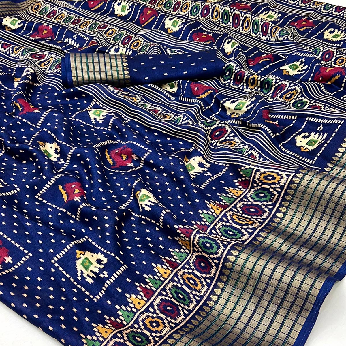 Navy Blue Printed Georgette Saree With Woven Border - Image 2