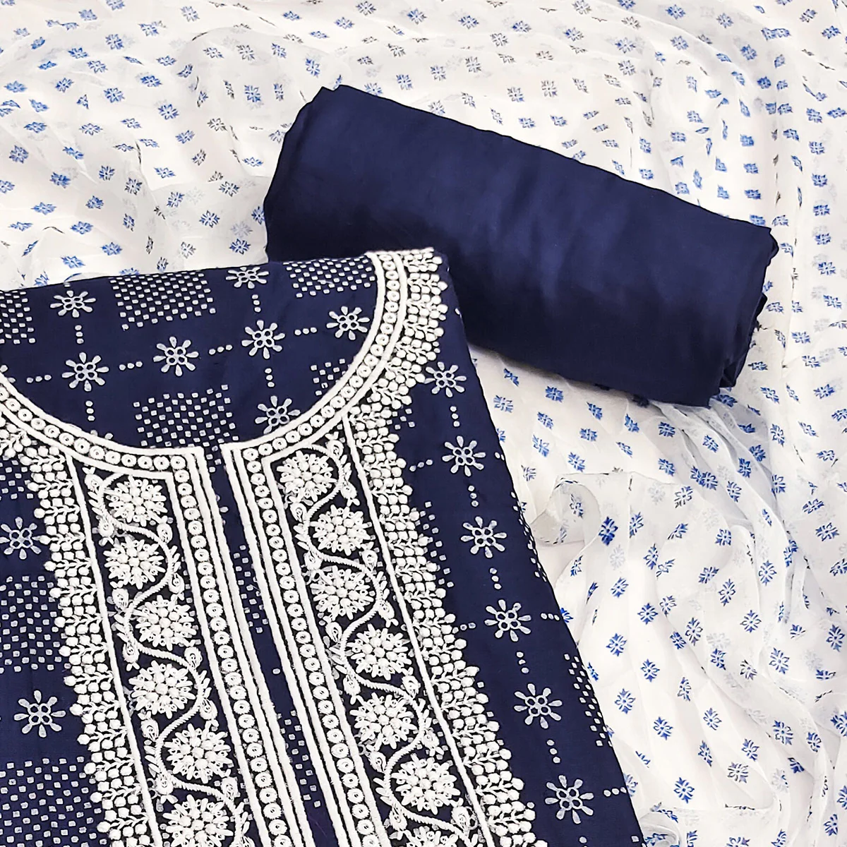 Navy Blue Printed Rayon Dress Material - Image 2