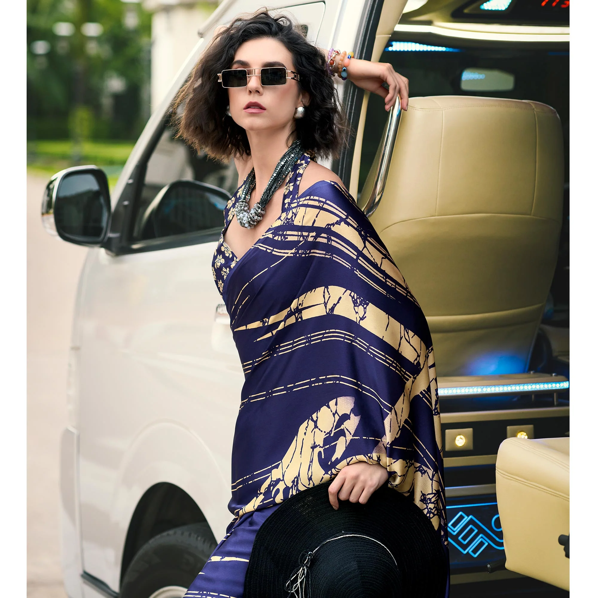Navy Blue Printed Satin Saree - Image 3