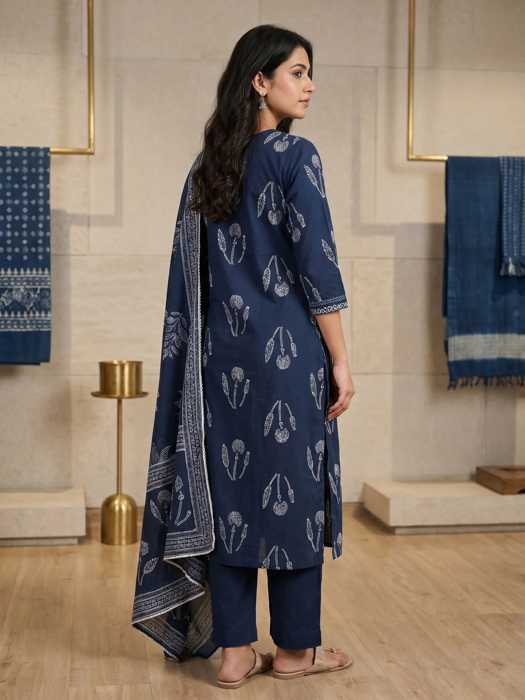 Navy Blue Pure Cotton Botanical Printed Salwar Suit Set - Image 3