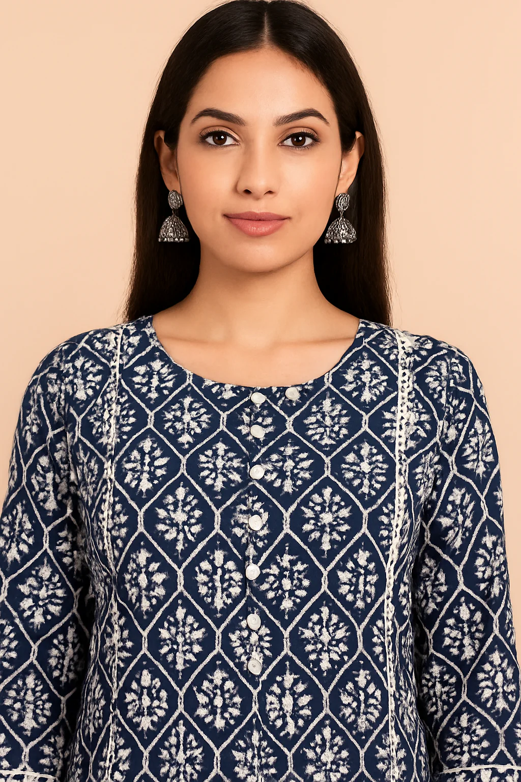 Navy Blue Pure Cotton Co-Ord Set with Ikkat Print A-Line Top - Image 2