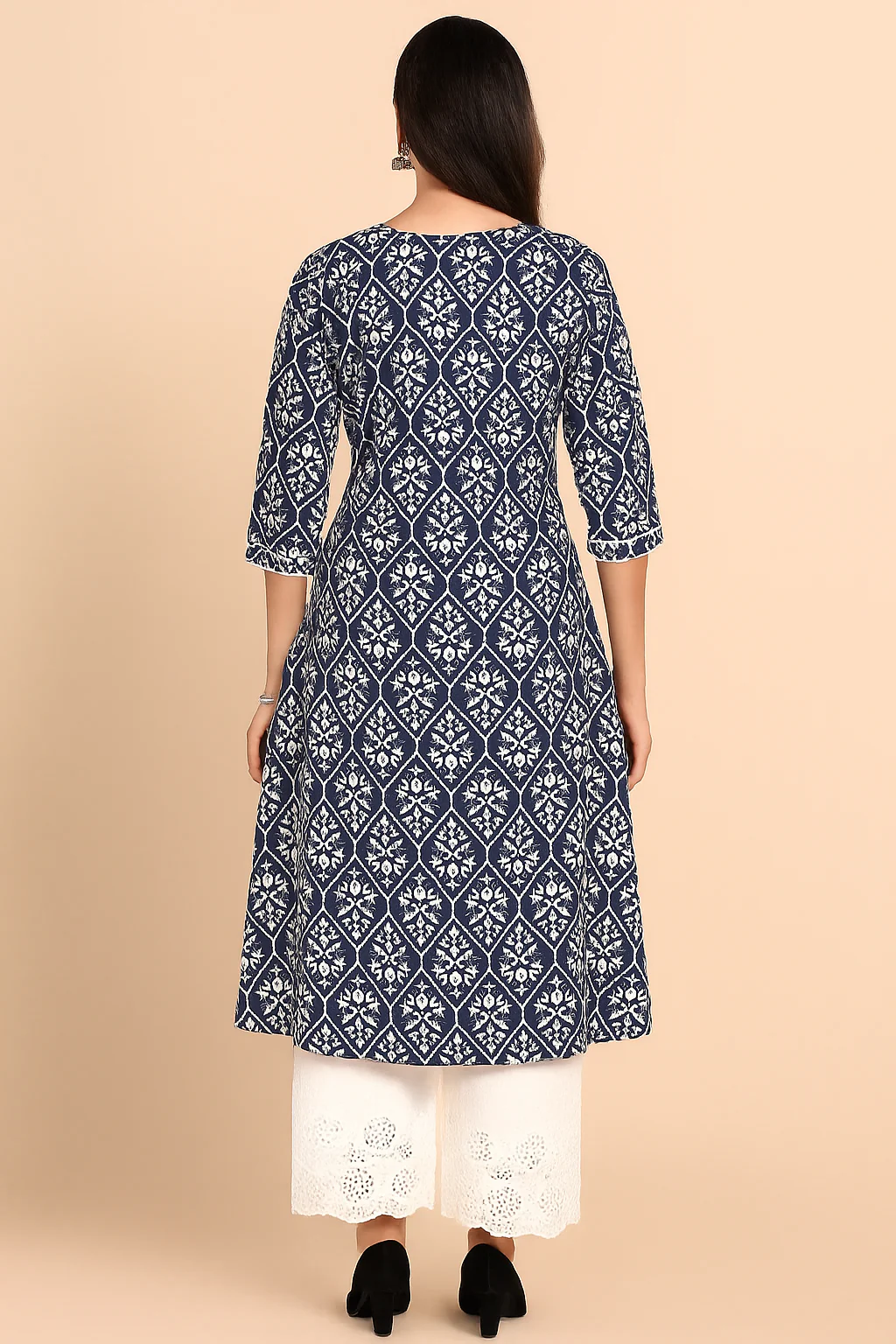 Navy Blue Pure Cotton Co-Ord Set with Ikkat Print A-Line Top - Image 3