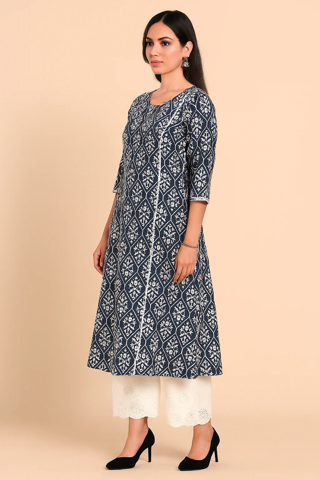 Navy Blue Pure Cotton Co-Ord Set with Ikkat Print A-Line Top - Image 4