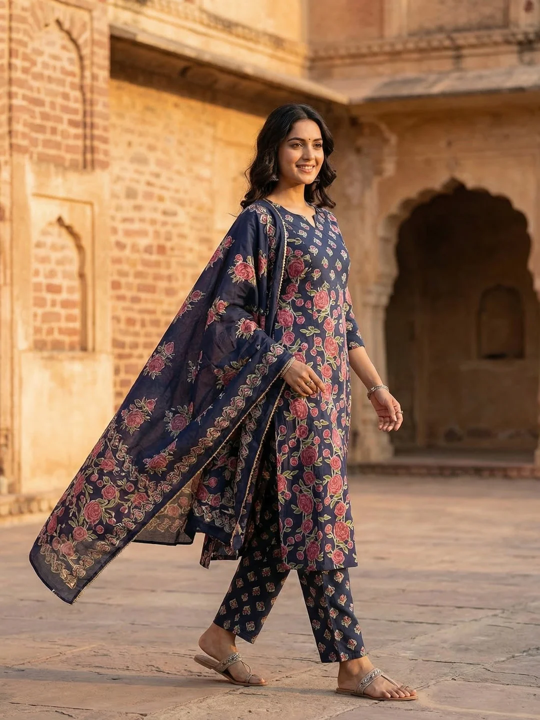 Navy Blue Pure Cotton Salwar Suit with Floral Printed Pattern and Dupatta - Image 3