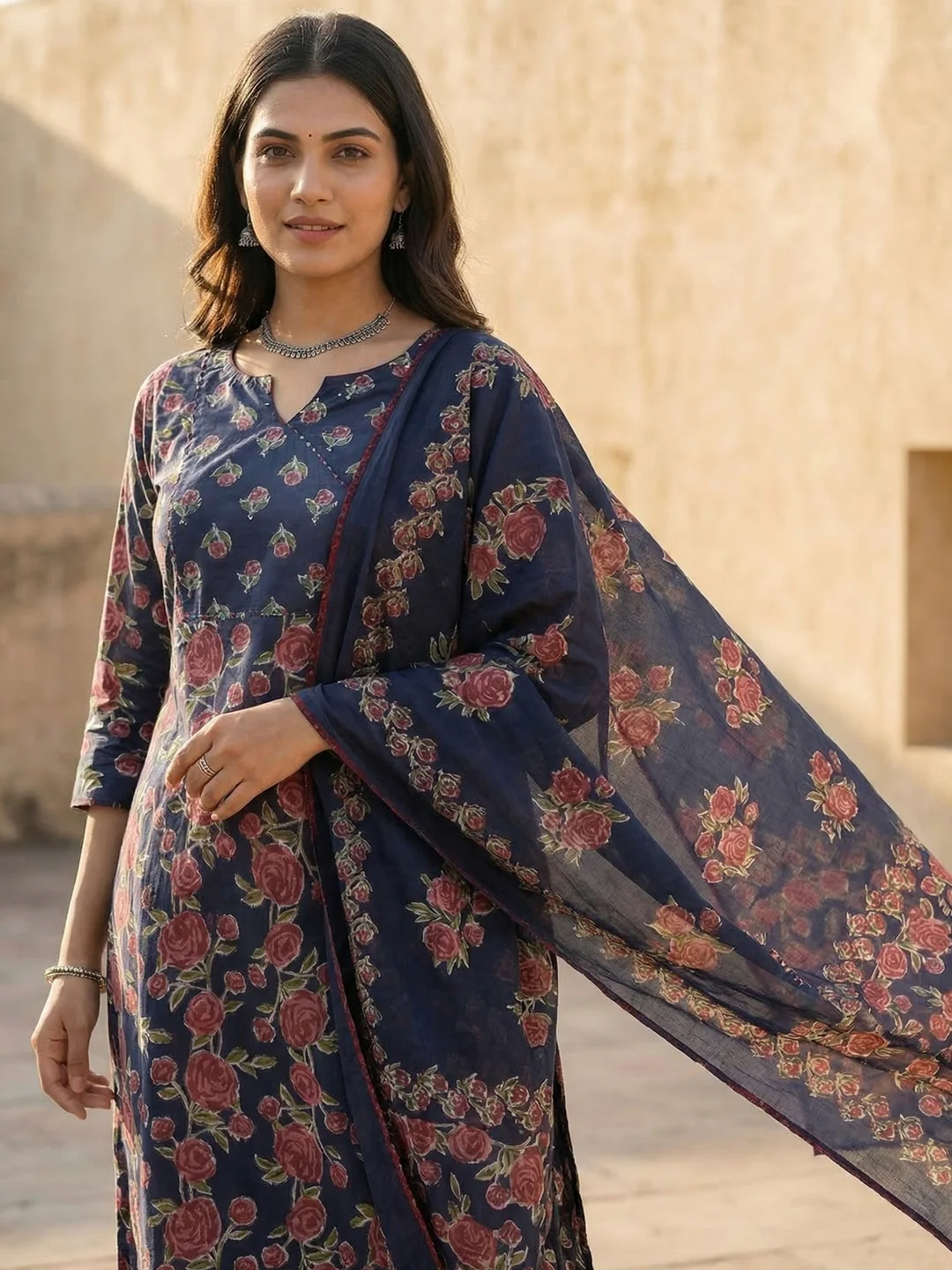 Navy Blue Pure Cotton Salwar Suit with Floral Printed Pattern and Dupatta - Image 5