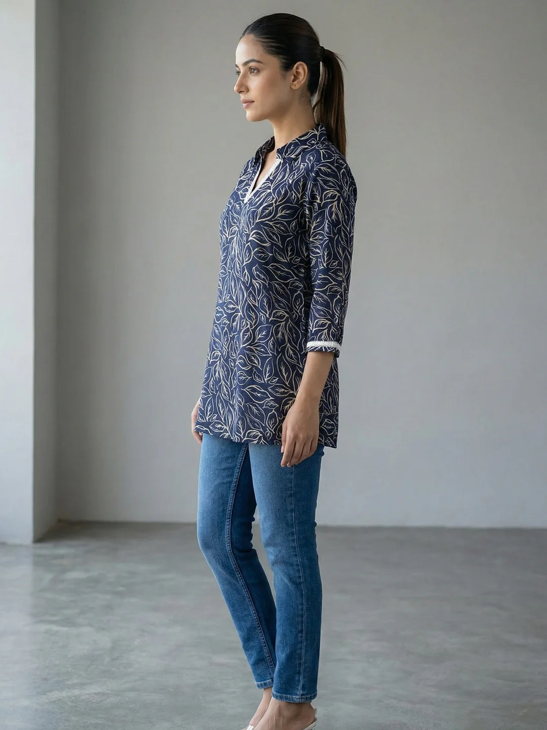Navy Blue Rayon Floral Printed Straight-Fit Casual Wear Top - Image 5