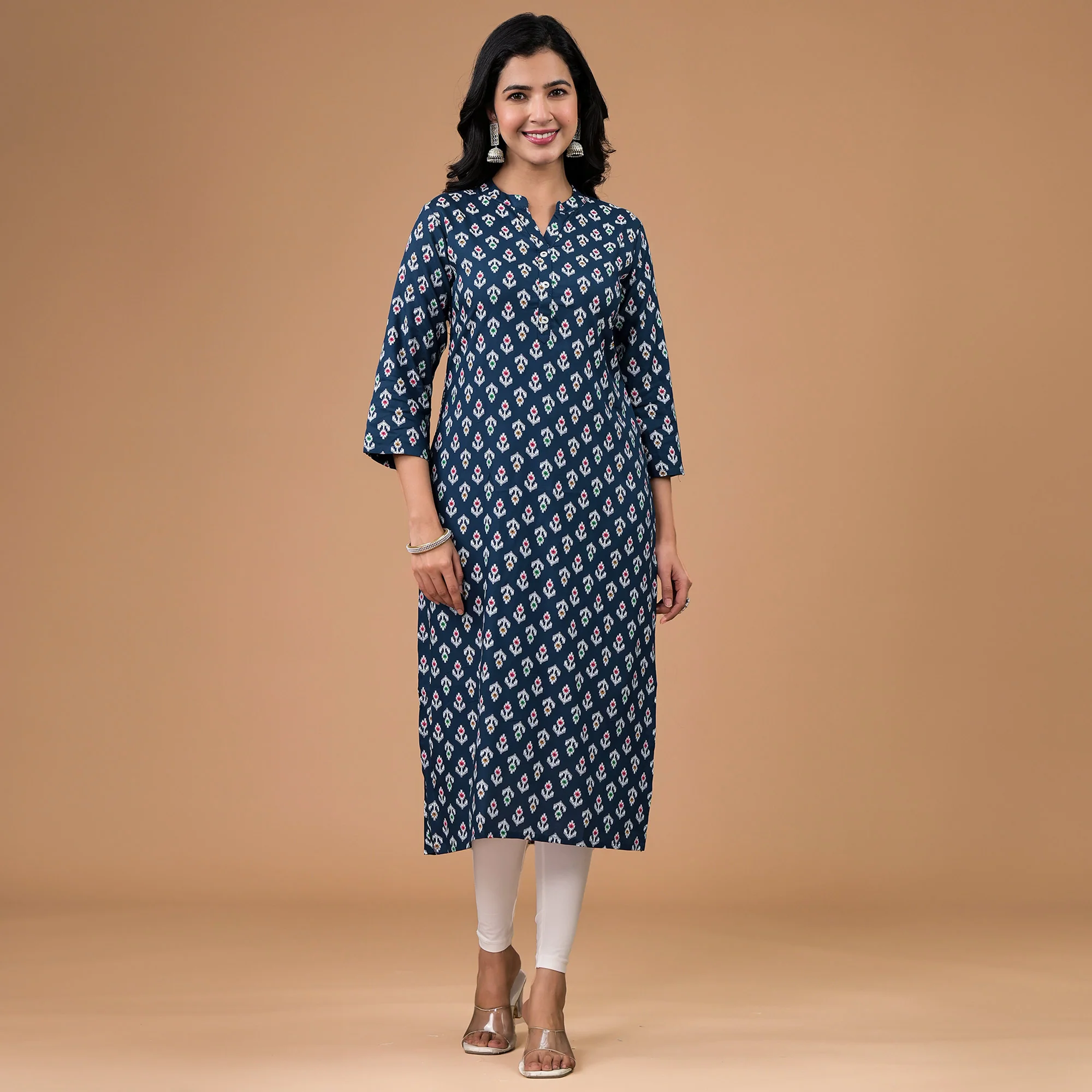 Navy Blue Rayon Printed Straight Kurti - Image 2