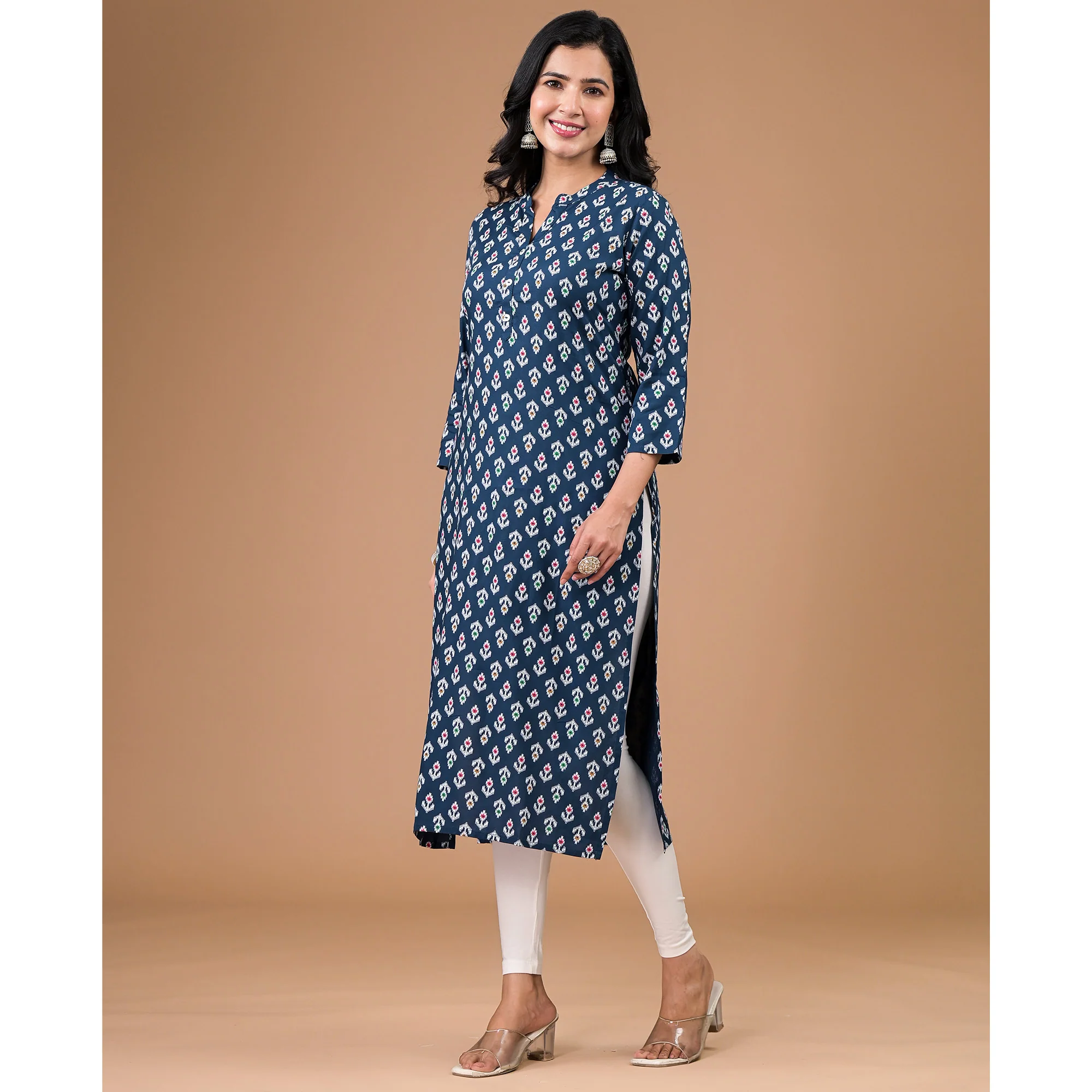 Navy Blue Rayon Printed Straight Kurti - Image 5
