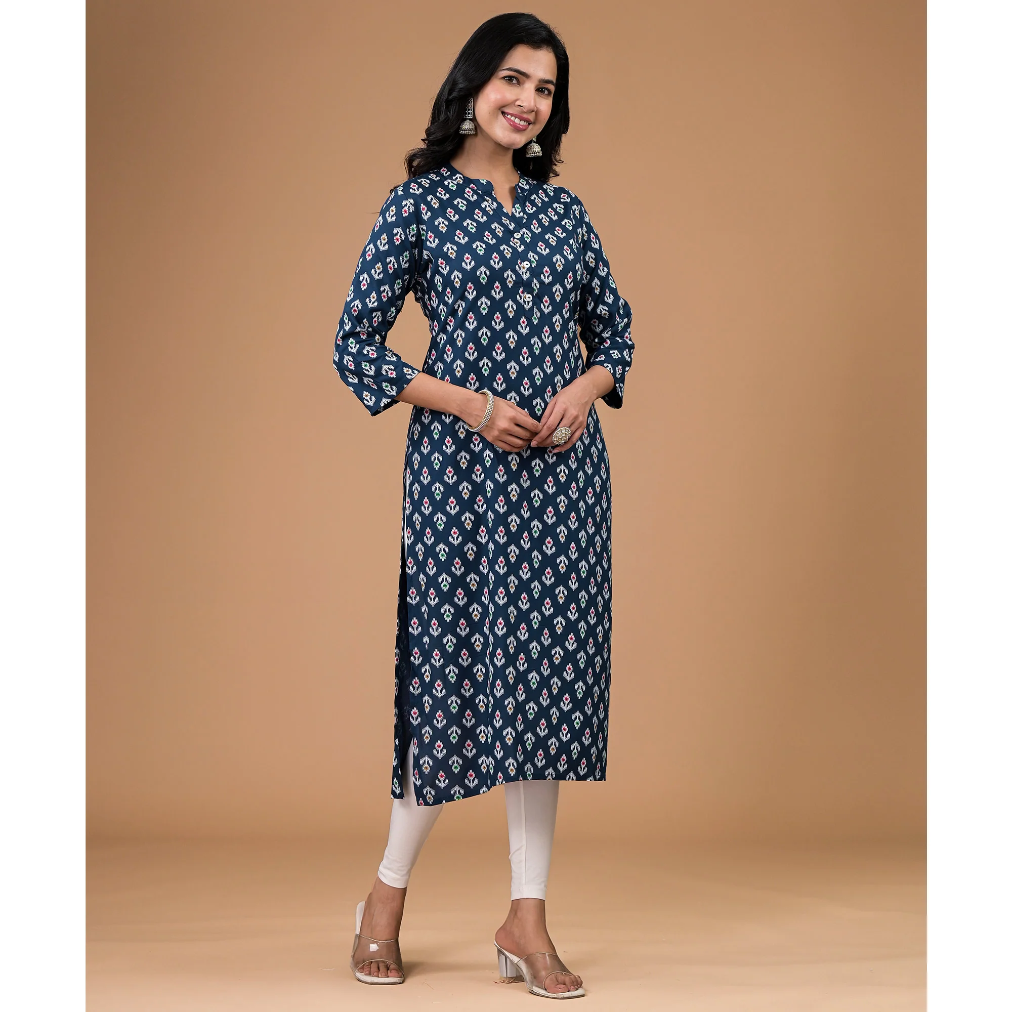 Navy Blue Rayon Printed Straight Kurti - Image 6