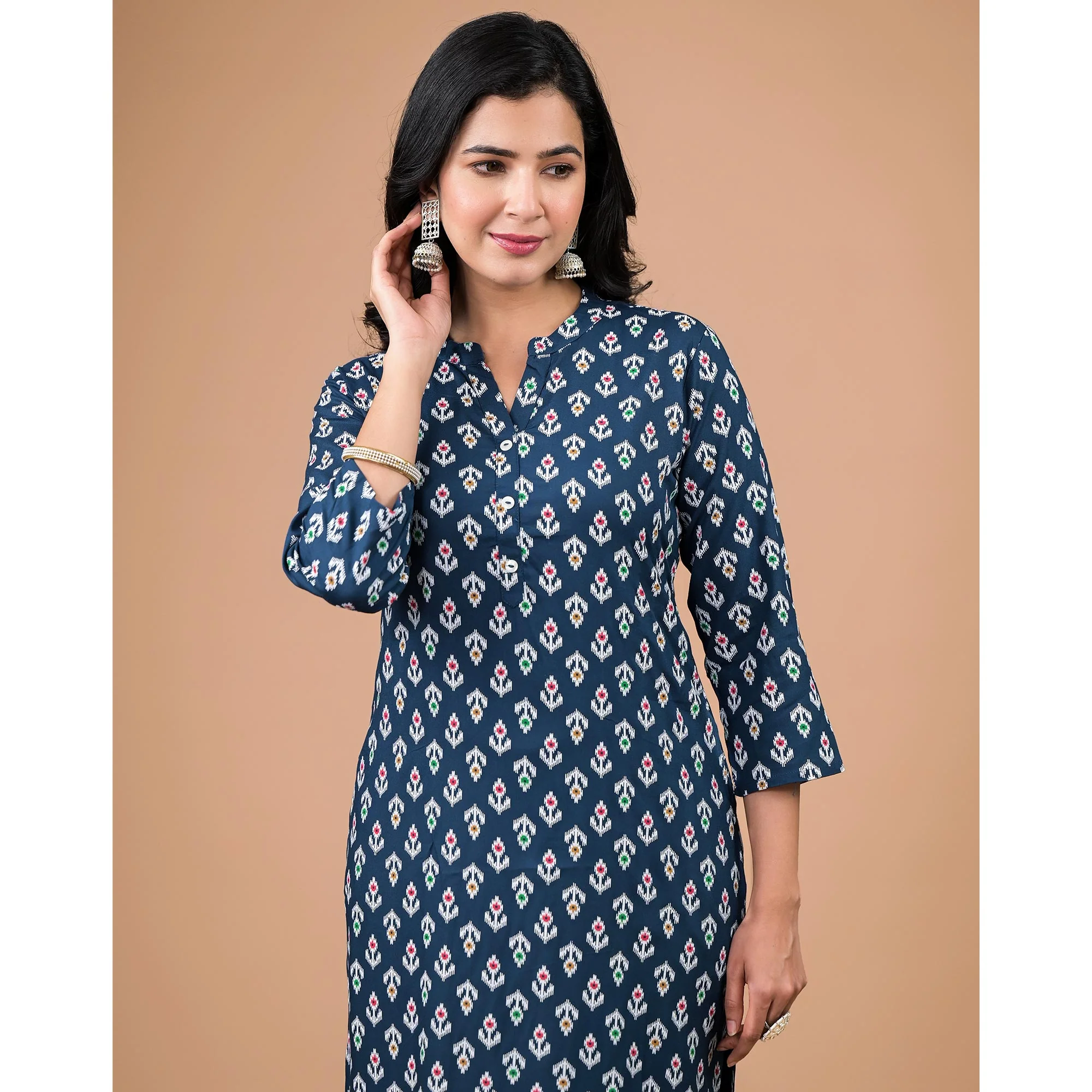 Navy Blue Rayon Printed Straight Kurti - Image 8