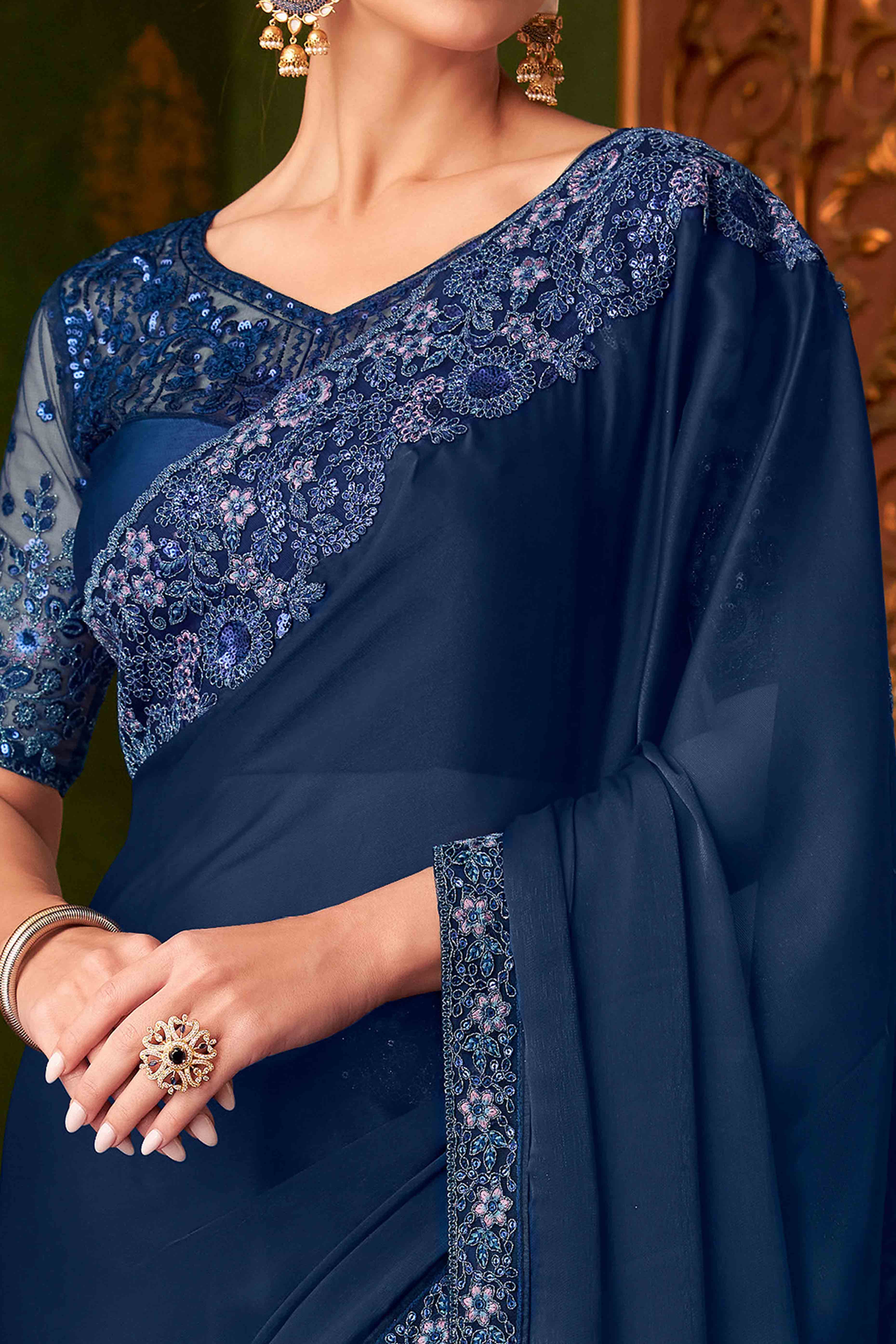 Navy Blue Sequins Embroidered Satin Saree - Image 2