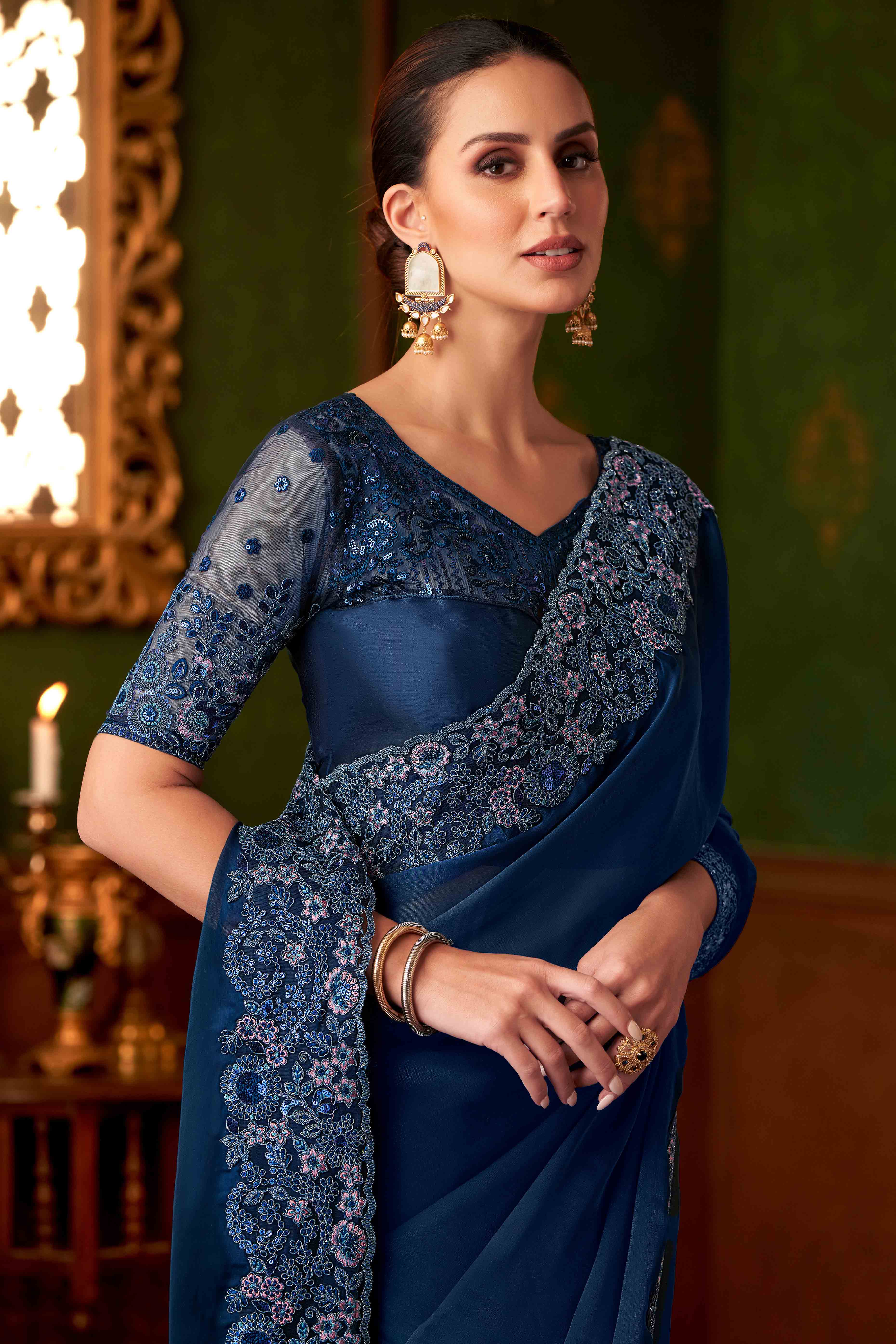 Navy Blue Sequins Embroidered Satin Saree - Image 3