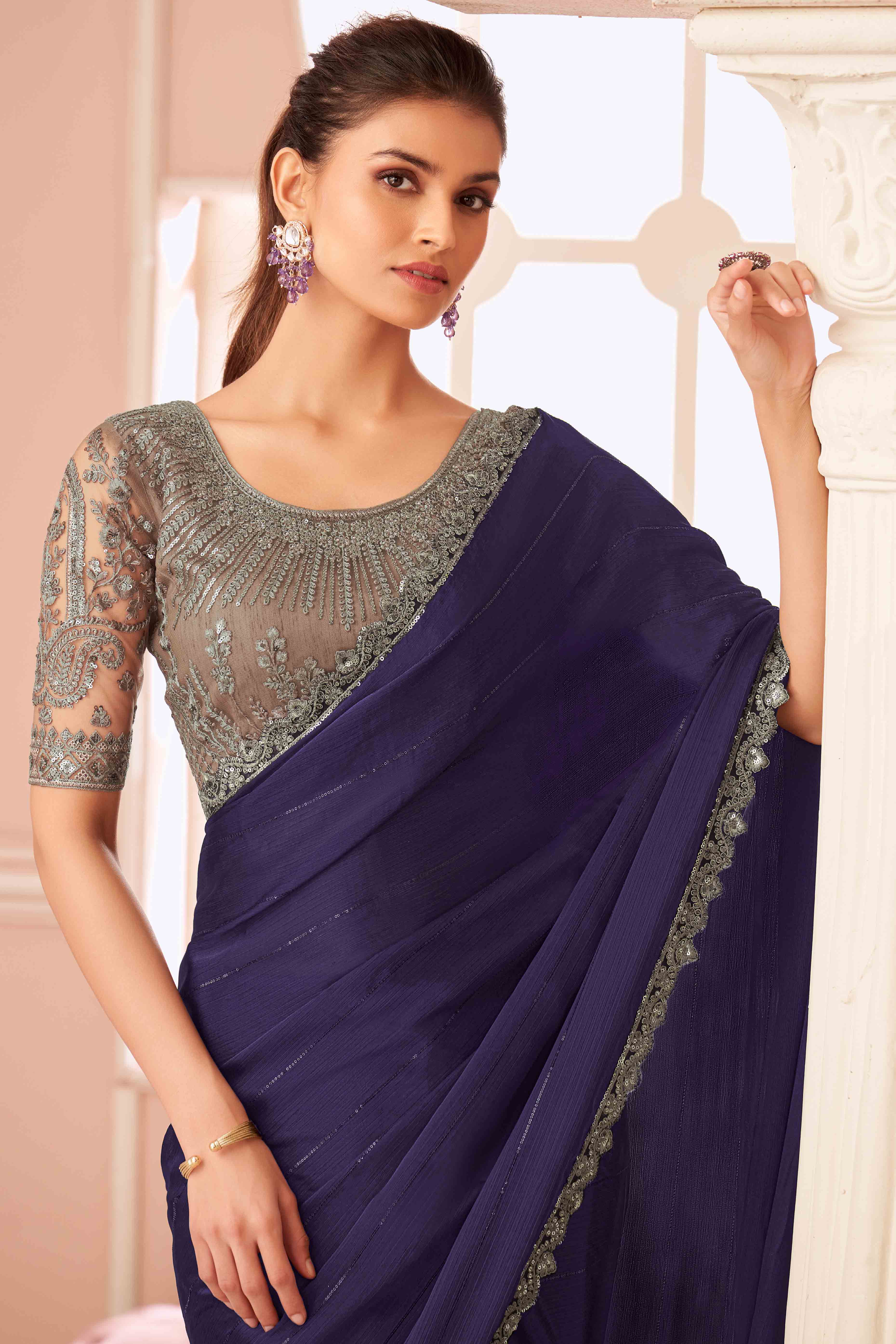 Navy Blue Sequins Embroidered Satin Saree - Image 3