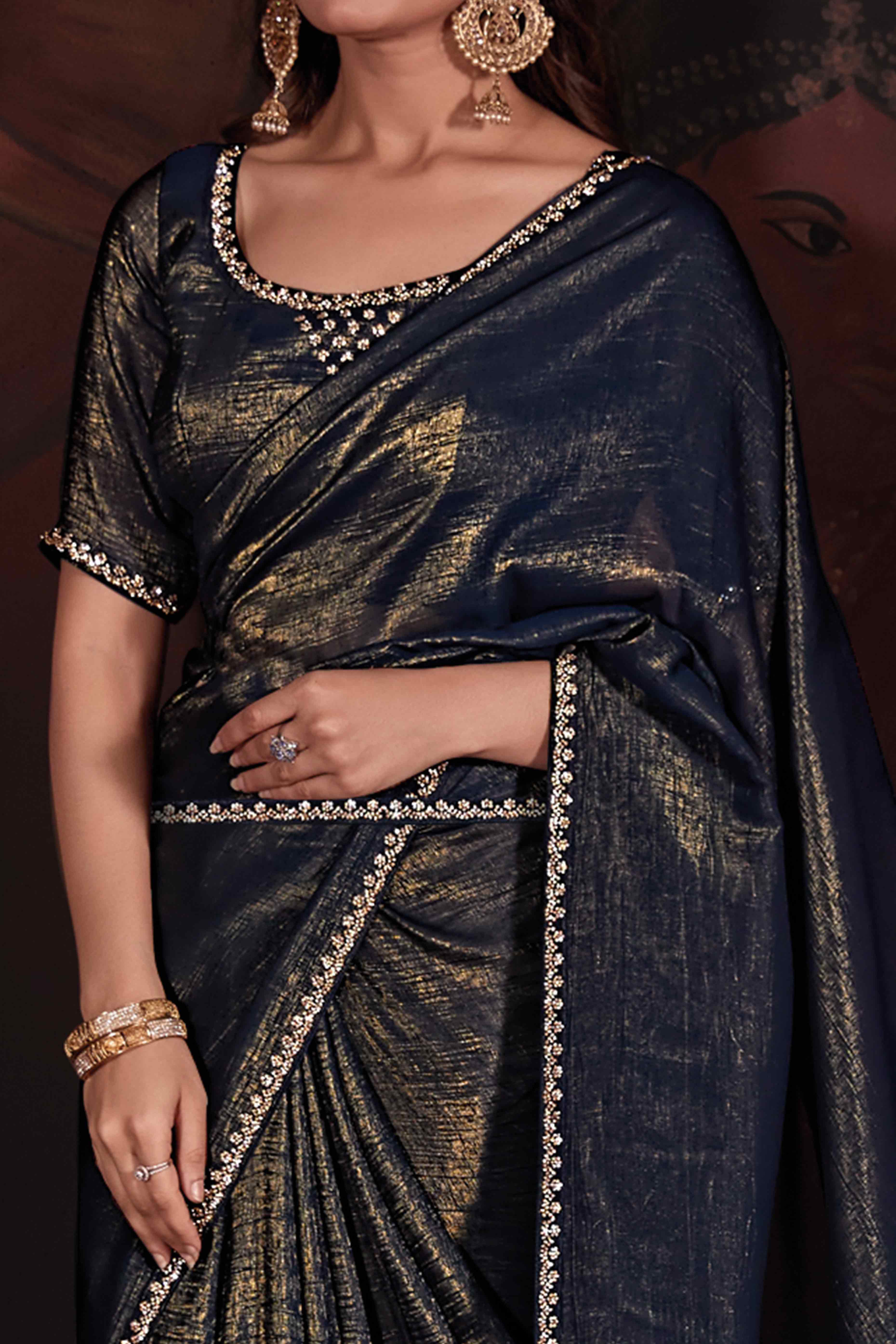 Navy Blue Solid With Zarkan Border Art Silk Saree With Belt - Image 2