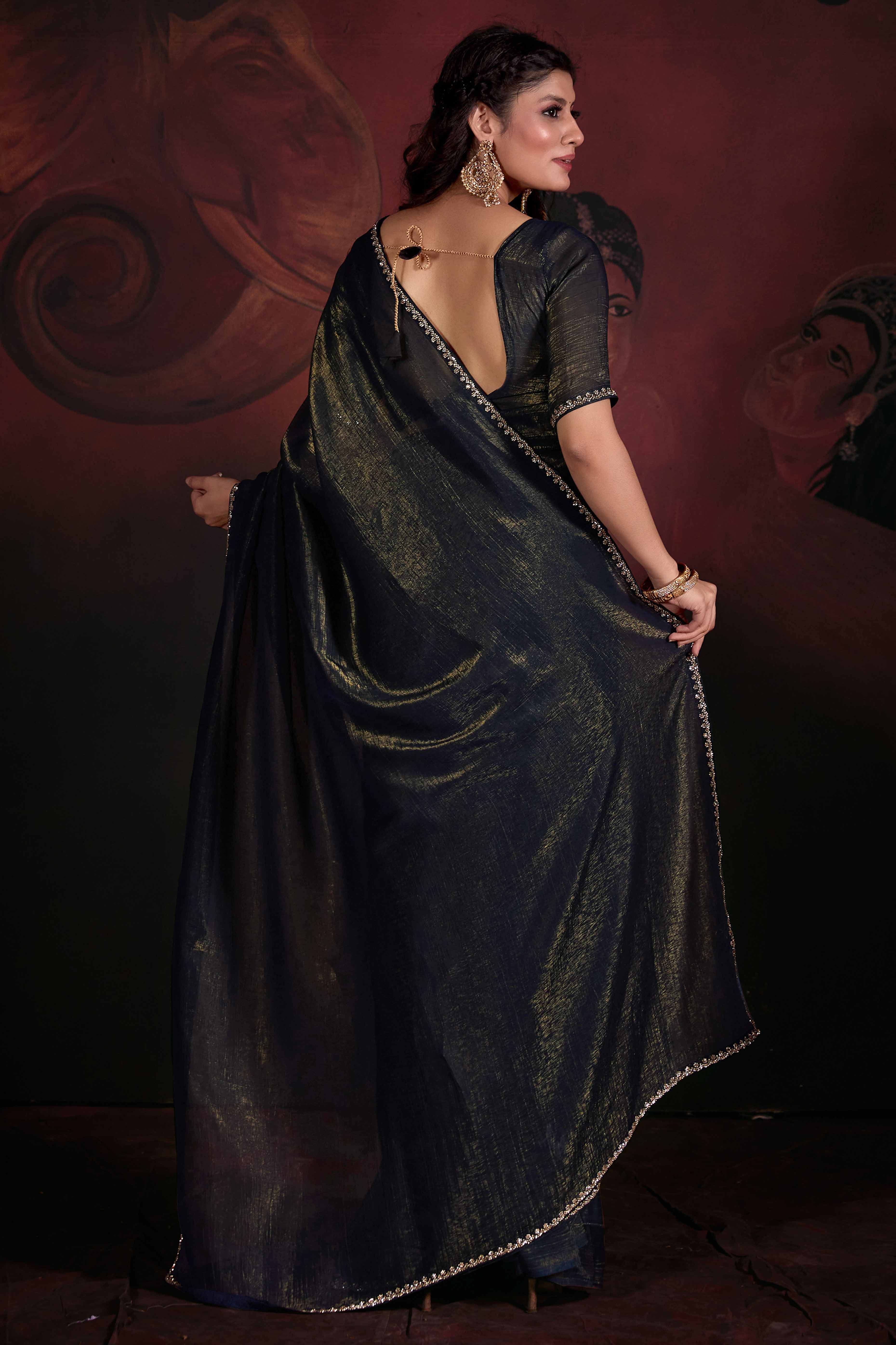 Navy Blue Solid With Zarkan Border Art Silk Saree With Belt - Image 3