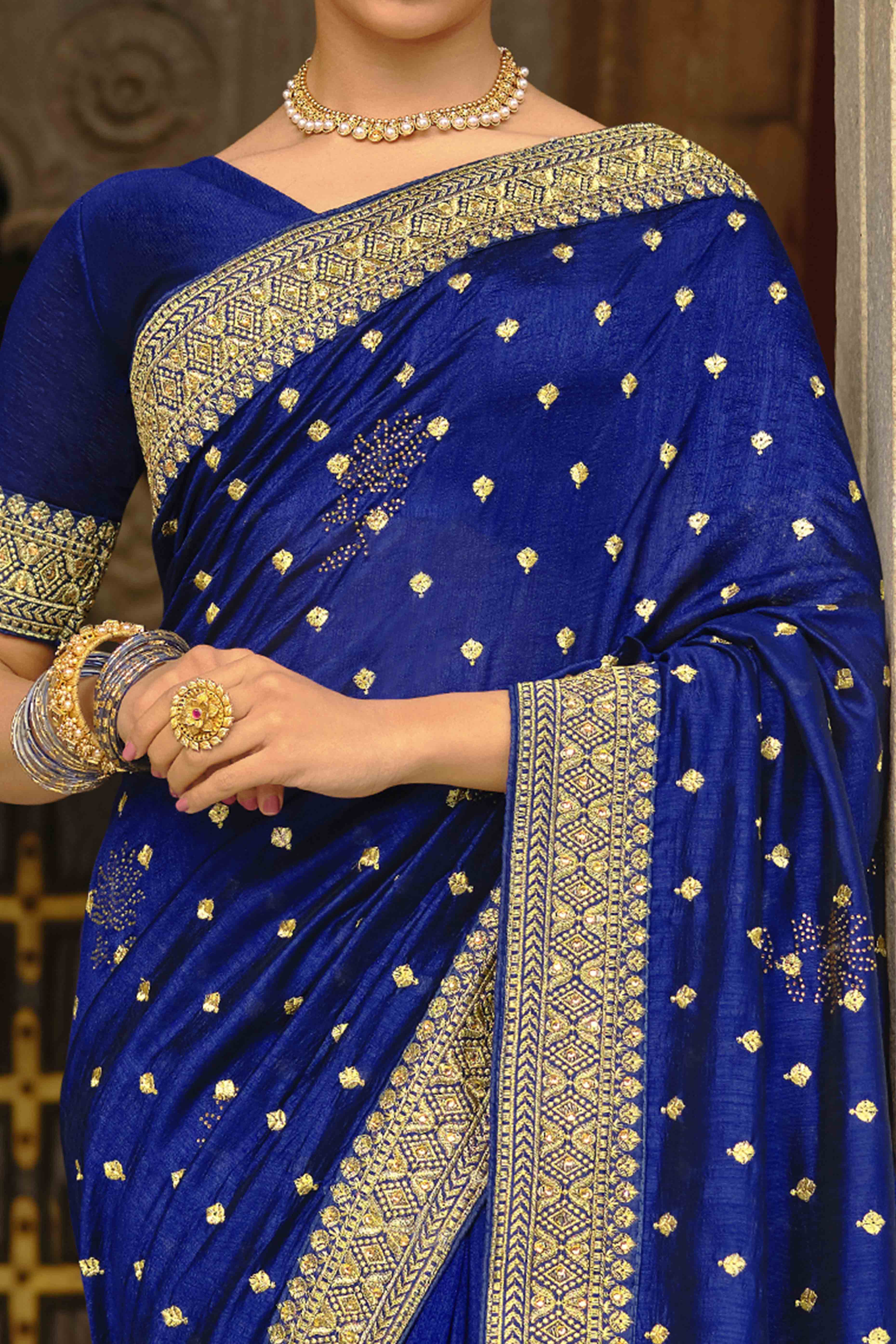 Navy Blue Swarovski Work Embroidered Vichitra Silk Saree - Image 2